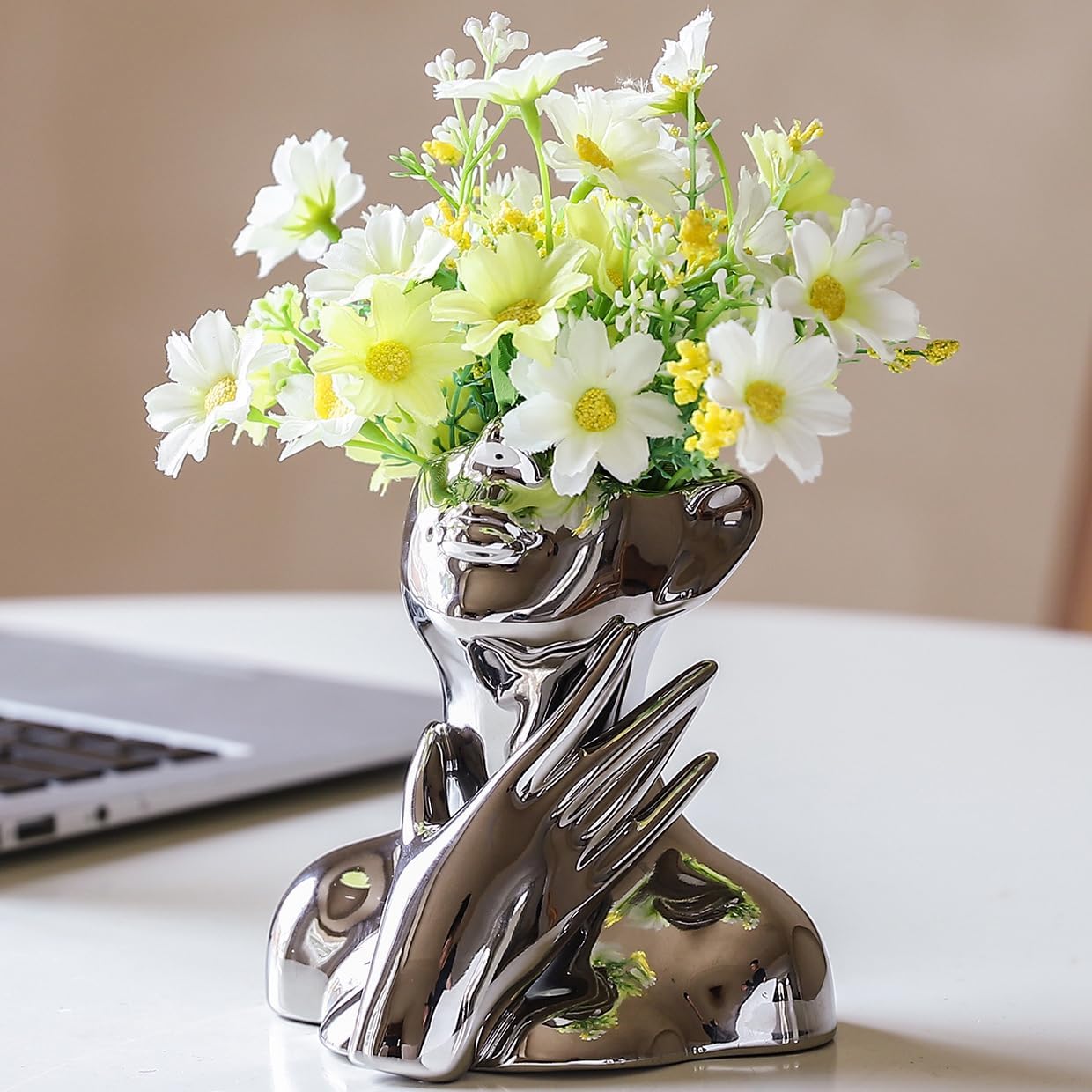 BrownLove Silver Ceramic Face Vase, Modern Silver Decorative Art Vase, Bookshelf Placed On The Desktop, Small Living Room, Office and Bedroom