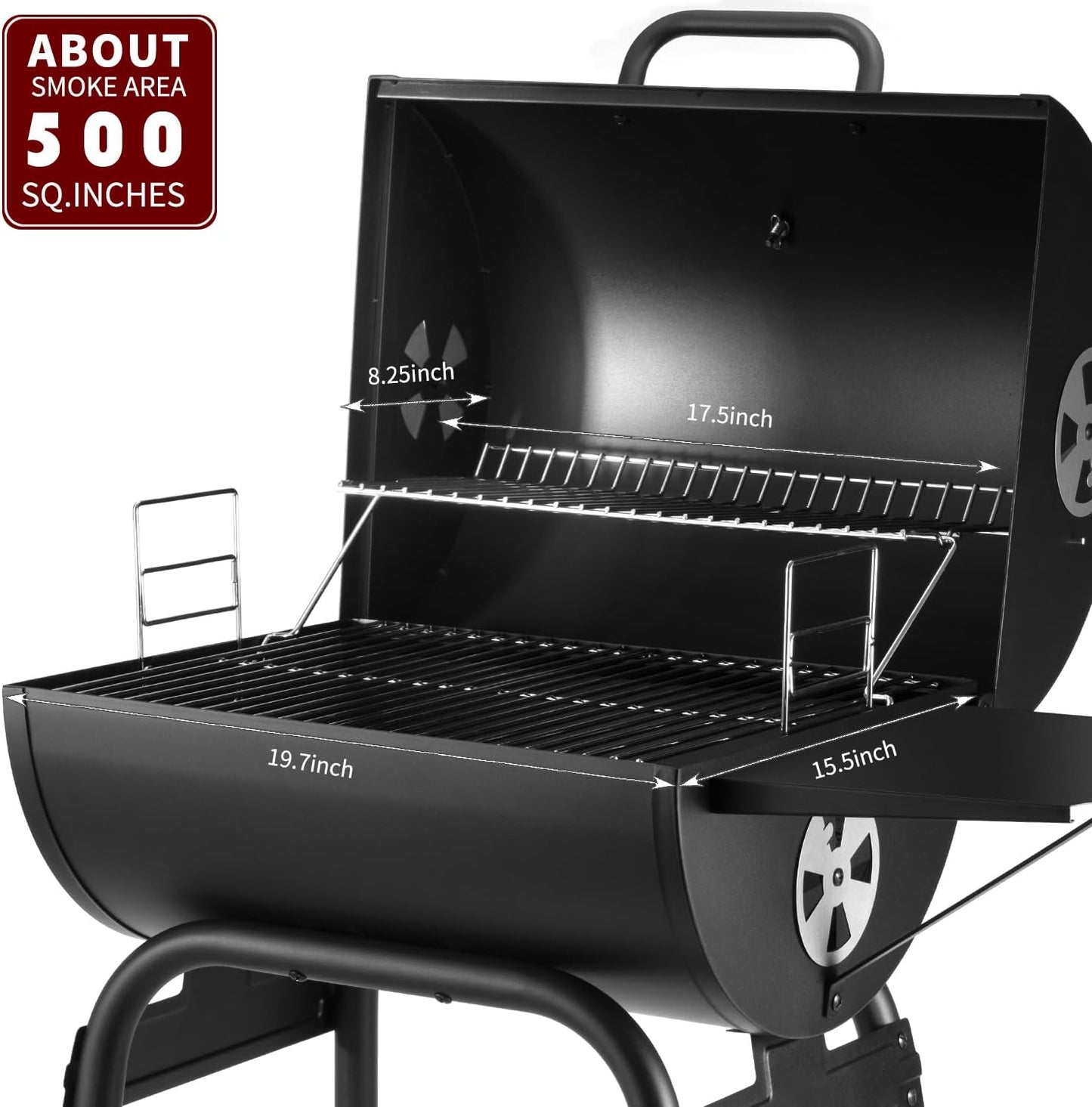 Charcoal Grill Outdoor BBQ Grill, Barrel Charcoal Grills with Side Table, with Nearly 500 Sq.In. Cooking Grid Area, Outdoor Backyard Camping Picnics, Patio and Parties, Black