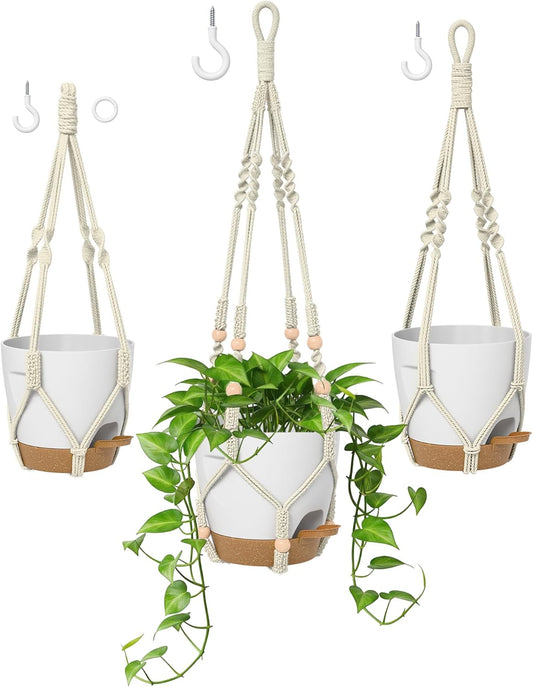 Macrame Plant Hangers for Indoor and Outdoor Use, Set of 3 Hanging Plant Pots Holders with Hooks, Ivory Cotton Rope, Tassel-Free, Fits 6" to 10" Pots, Rope Lengths 35", 26", 20", (No Pots Included)