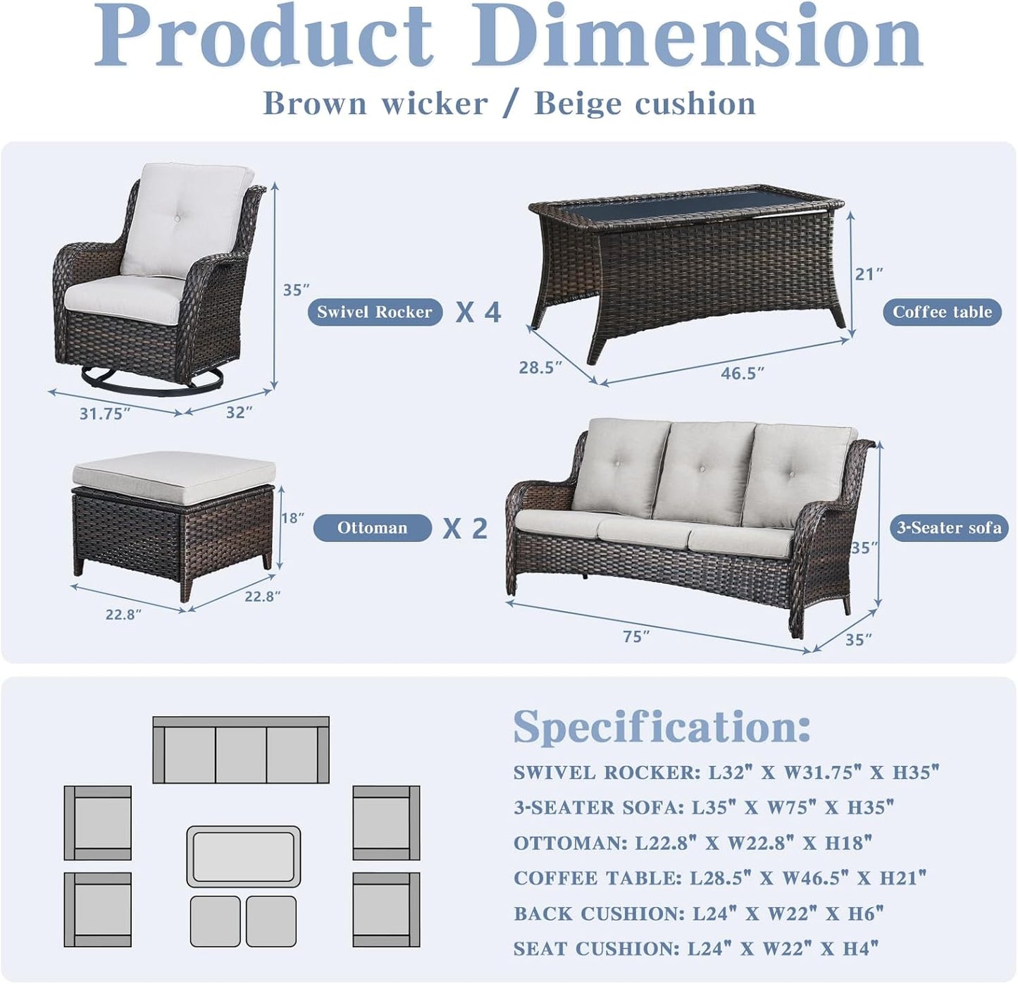 Wicker Patio Furniture Sets - 8 Piece Outdoor Rattan Furniture Conversation Sets with 4 Swivel Rocker Chairs, Rattan Sofa, Wicker Ottomans and Coffee Table, Brown/Beige