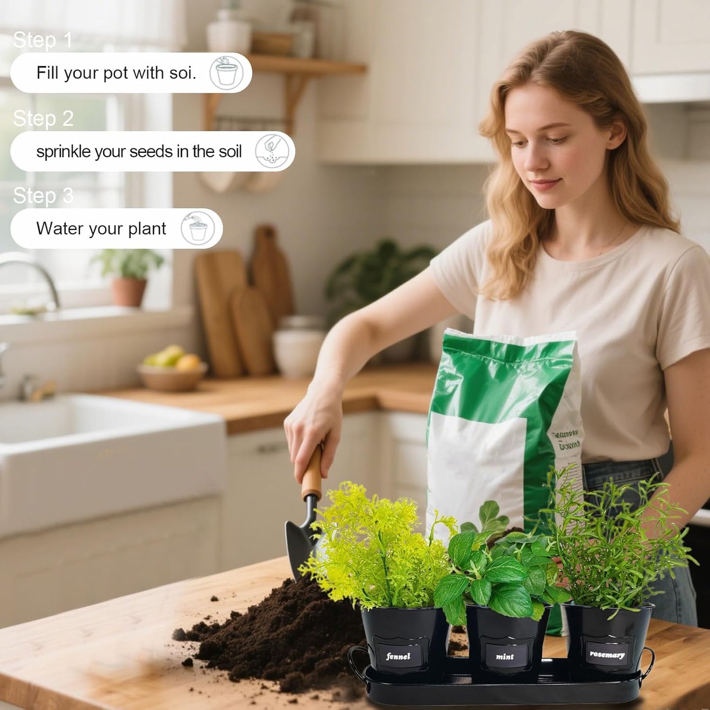 4" Herb Garden Planter Kit, Indoor Herb Planters with Tray, Set of 3 Metal Windowsill Pots for Flower Plants with Drainage Hole, Customizable Labels & Marker Pen, Black