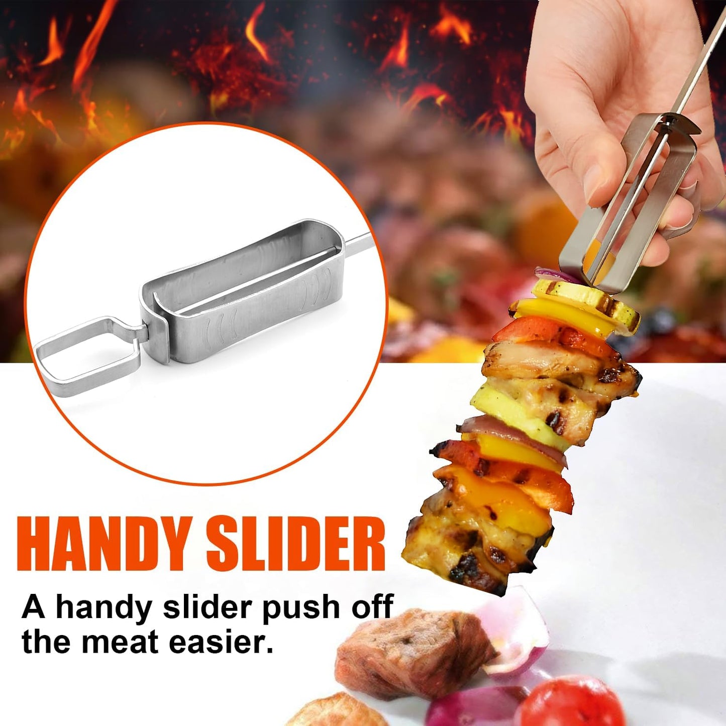 BBQ Skewers, Premium 304 Stainless Steel BBQ Skewers,15 Inch Heavy Duty Metal Kabob Sticks for Grilling, Reusable & Dishwasher Safe (Single fork8)