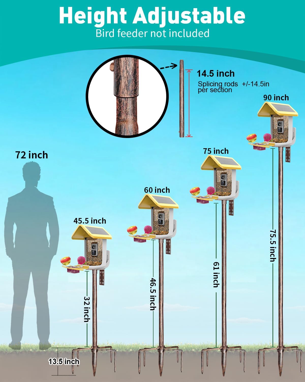 Bird Feeder Pole – 90 Inch Height Bird House Pole with 1-Inch Dia Heavy Duty for Birdfeeders, Feeding Stand with Mount Kit for Outdoor, Slip-Fit Connection, Copper Brushed