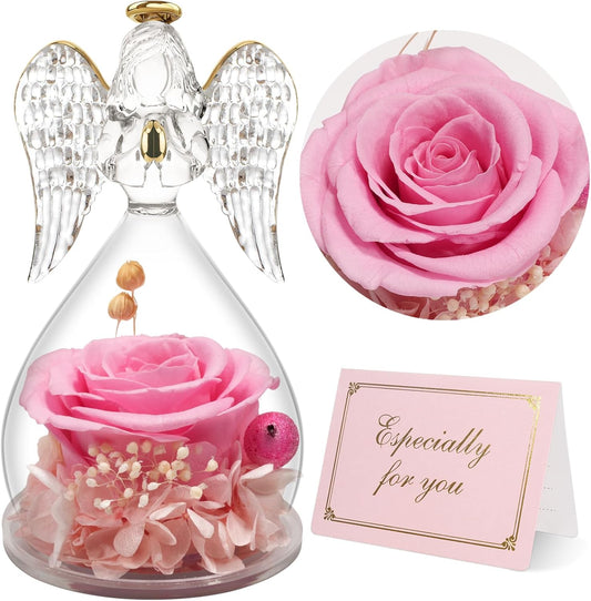 Yamonic Mom Birthday Gifts for Mom, Angel Figurines with Real Rose Gifts for Her Mom Grandma,Preserved Flowers Rose Angel Figurines for Mothers Day Christmas Anniversary Birthday Gifts for Her (Pink)