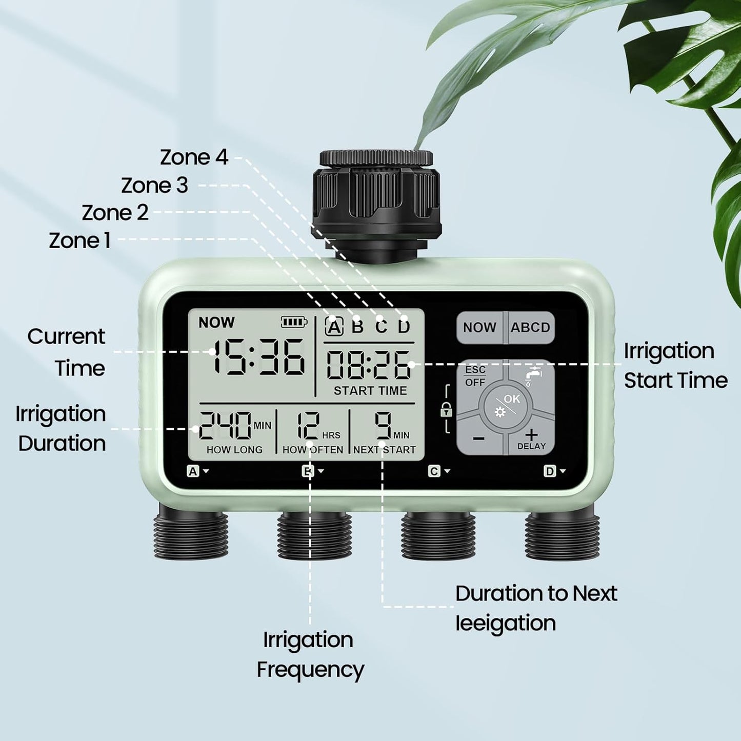 Watering Timer 4 Zone, Sprinkler Timer,Programmable Garden Outdoor Hose Faucet Timer with Rain Delay/Manual/Automatic Watering System,Water Hose Irrigation Timers 4 Outlet for Garden