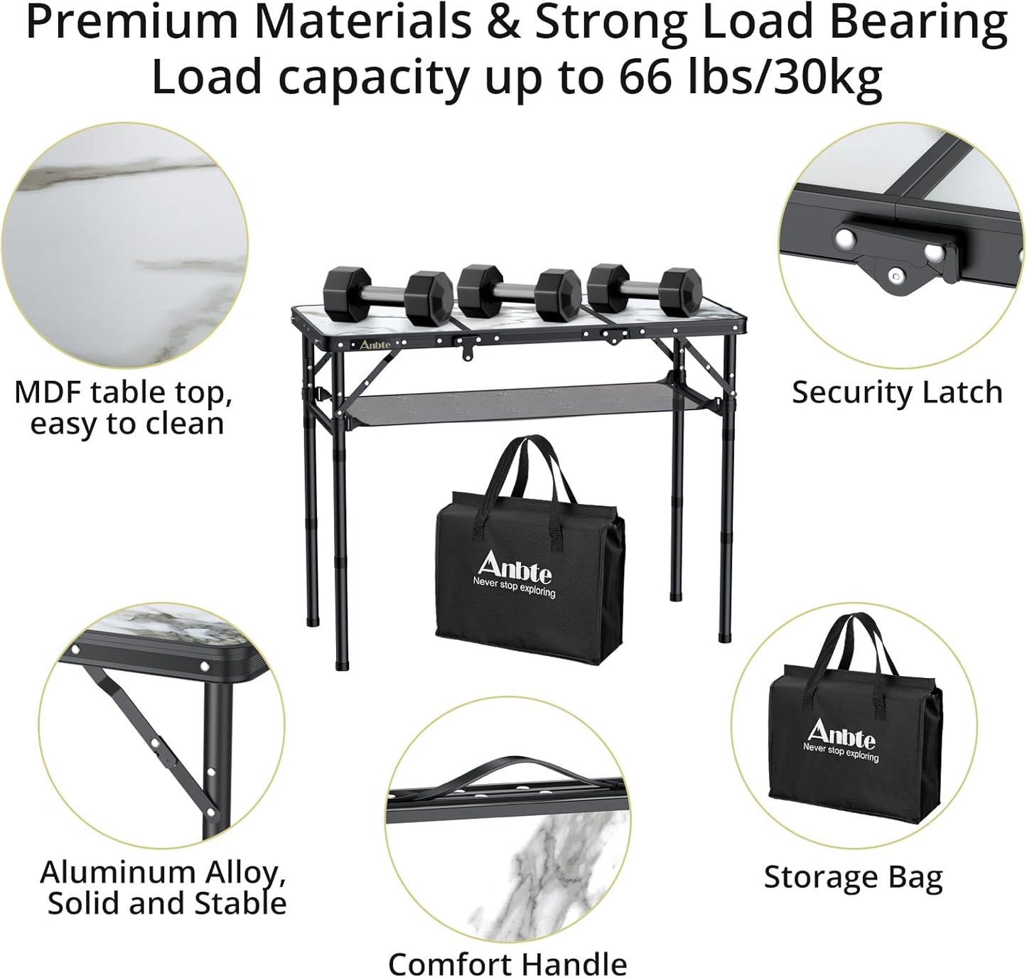 Folding Camping Table, Aluminum Small Folding Table 3 Adjustable Height Max 27.5", Portable Table with Carry Handle, Lightweight, for Outdoor Indoor Travel Camping Picnic BBQ, 34.6" x 15.7"