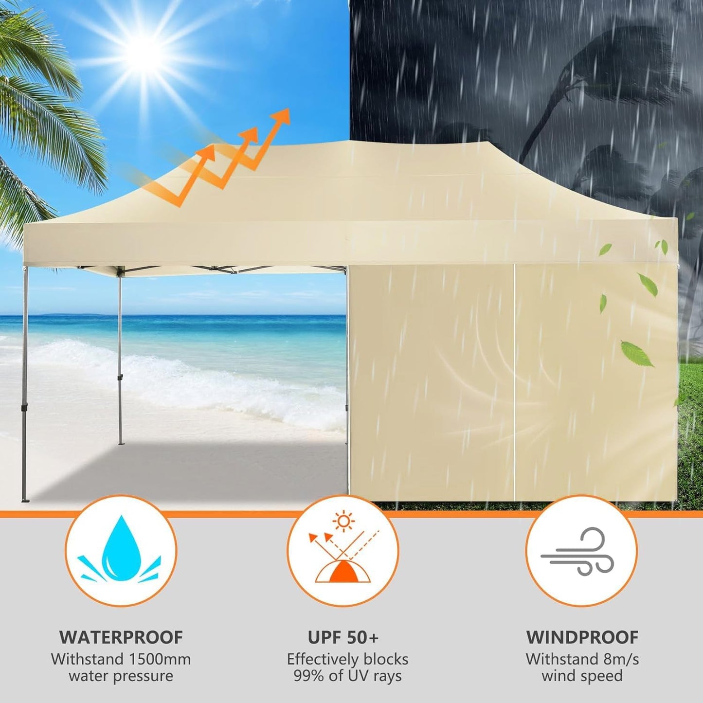 COBIZI 10x20 Pop up Canopy Tent Heavy Duty with 6 Sidewalls, Easy Set-up Commercial Outdoor Party Tent, 100% Waterproof Wedding Canopy Gazebo, 3 Height Adjustable with Wheeled Bag,Khaki