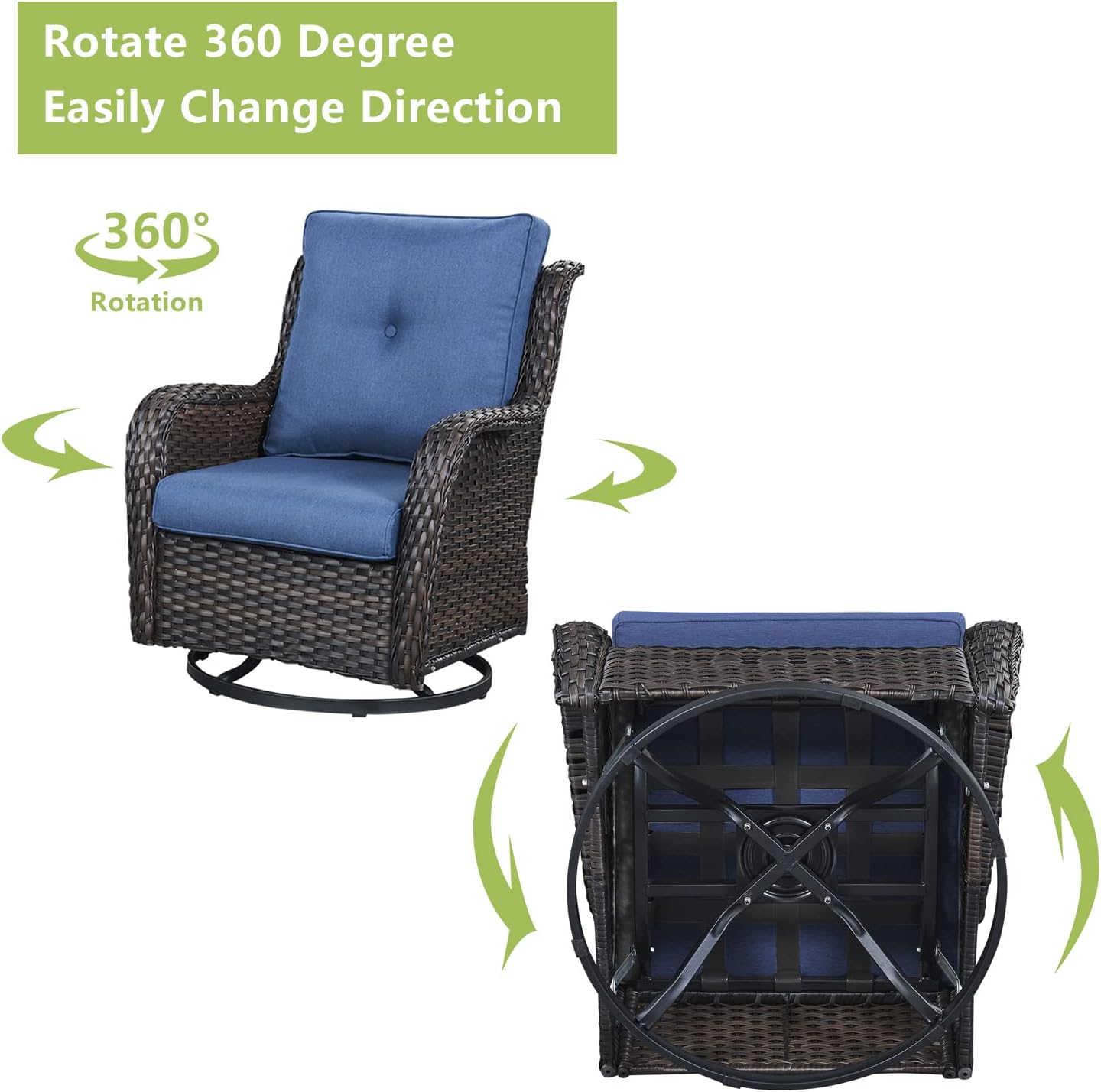 Outdoor Wicker Patio Furniture Set - 6 Piece Rattan Patio Conversation Set with 2 Rocking Swivel Chairs,2 Ottomans,1 Loveseat and 1 Side Table for Porch Deck Backyard Garden(Brown/Blue)