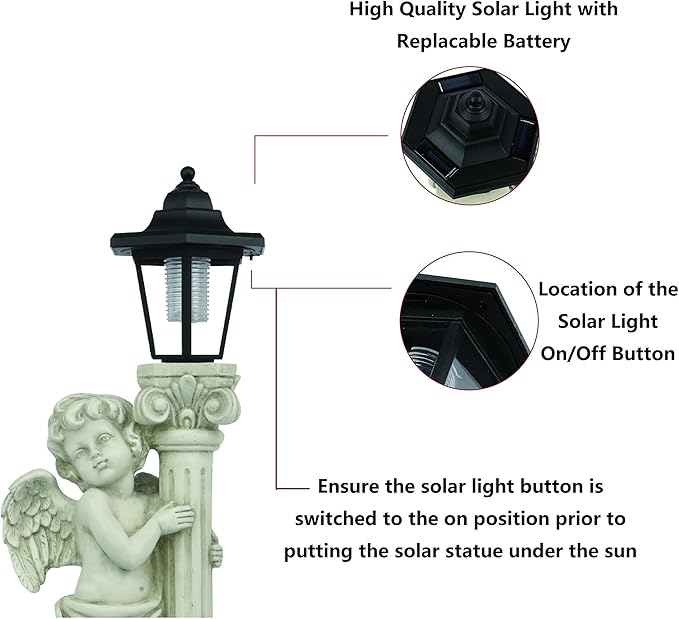 Angel Statue with Solar Lights (Right) 19.7 Inch, Outdoor Solar Angel Garden Statue with Roma Pillar for Garden Lawn Deocr, Christian Religious Gift