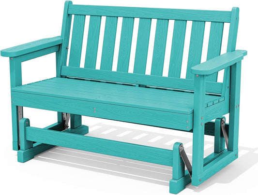 SERWALL 2 Person Patio Glider Bench, HDPE Material Weather-Resistant Swinging Bench for Outdoor Porch Garden, Aruba