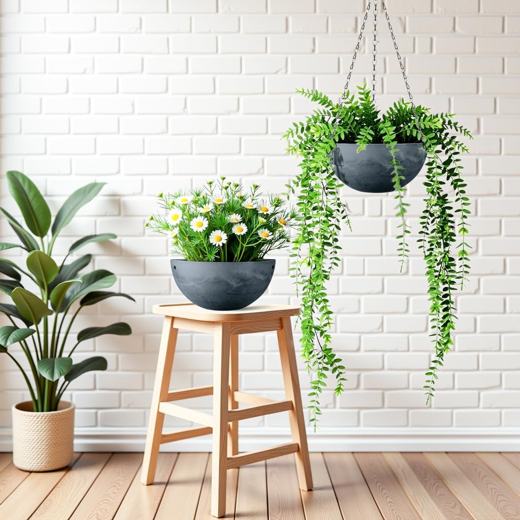 Marble Pattern 10 Inch Hanging Planter for Indoor Outdoor Plants, 2 Pack Hanging Planter Basket for Garden Home Decor Use (Gray)