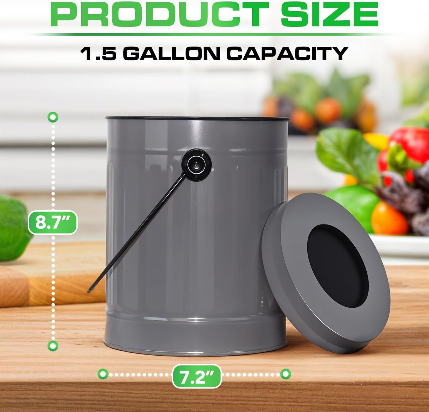 Plexon Countertop Compost Bin Kitchen with Lid, Gray 1.5 Gallon Odorless Container, Steel Food Compost Bucket for Kitchen with Charcoal Filter, Compost Pail for Countertop