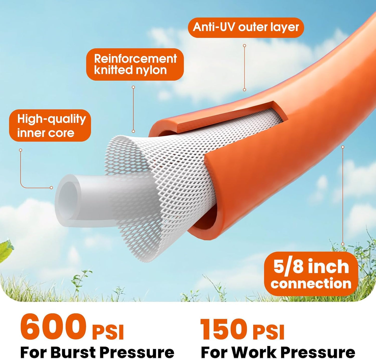 Heavy Duty Garden Hose 5/8 in x 5 ft with Swivel Fitting, Super Flexible Water Hose, All-weather, Lightweight, Burst 600 PSI