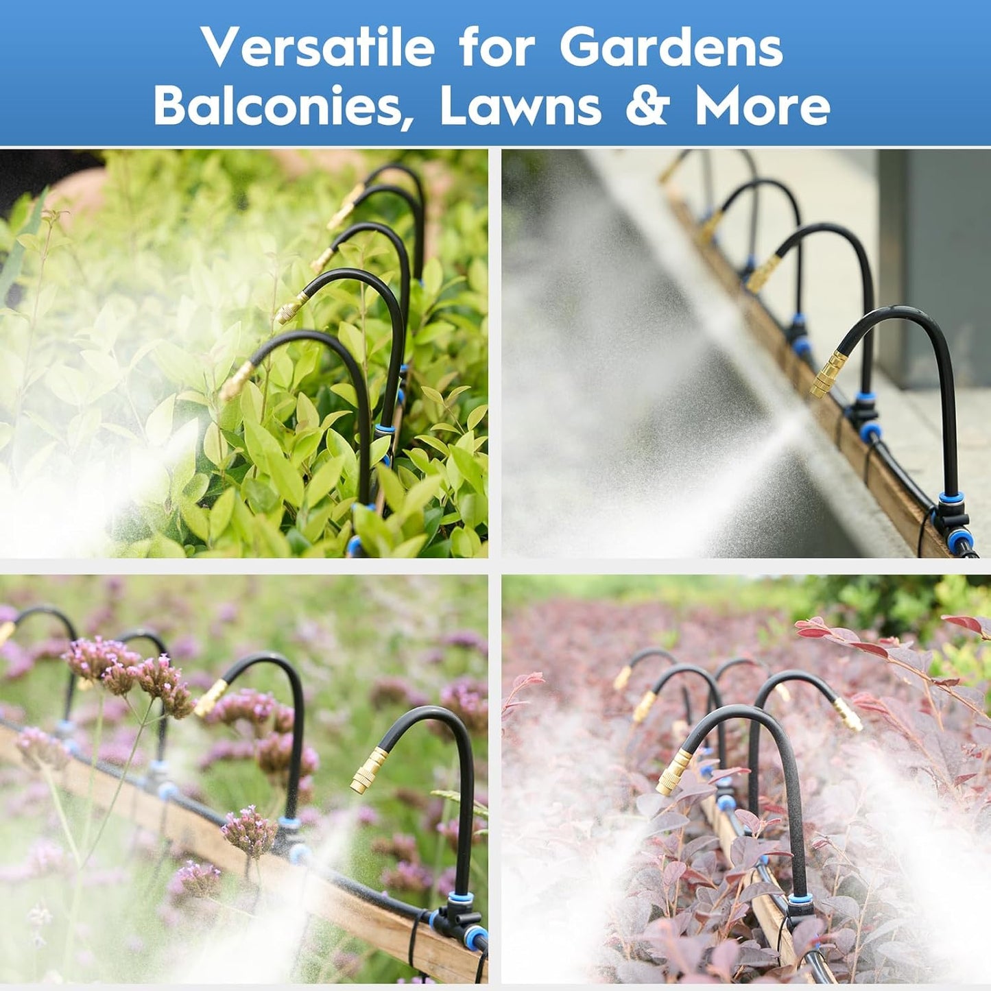 360° Automatic Drip Irrigation Kit - 5/16'' Tubing, Adjustable Universal Spray Nozzle, Copper Atomizing System for Garden/Lawn/Greenhouse - Multi-Directional Rotation, Quick Connectors, 82FT