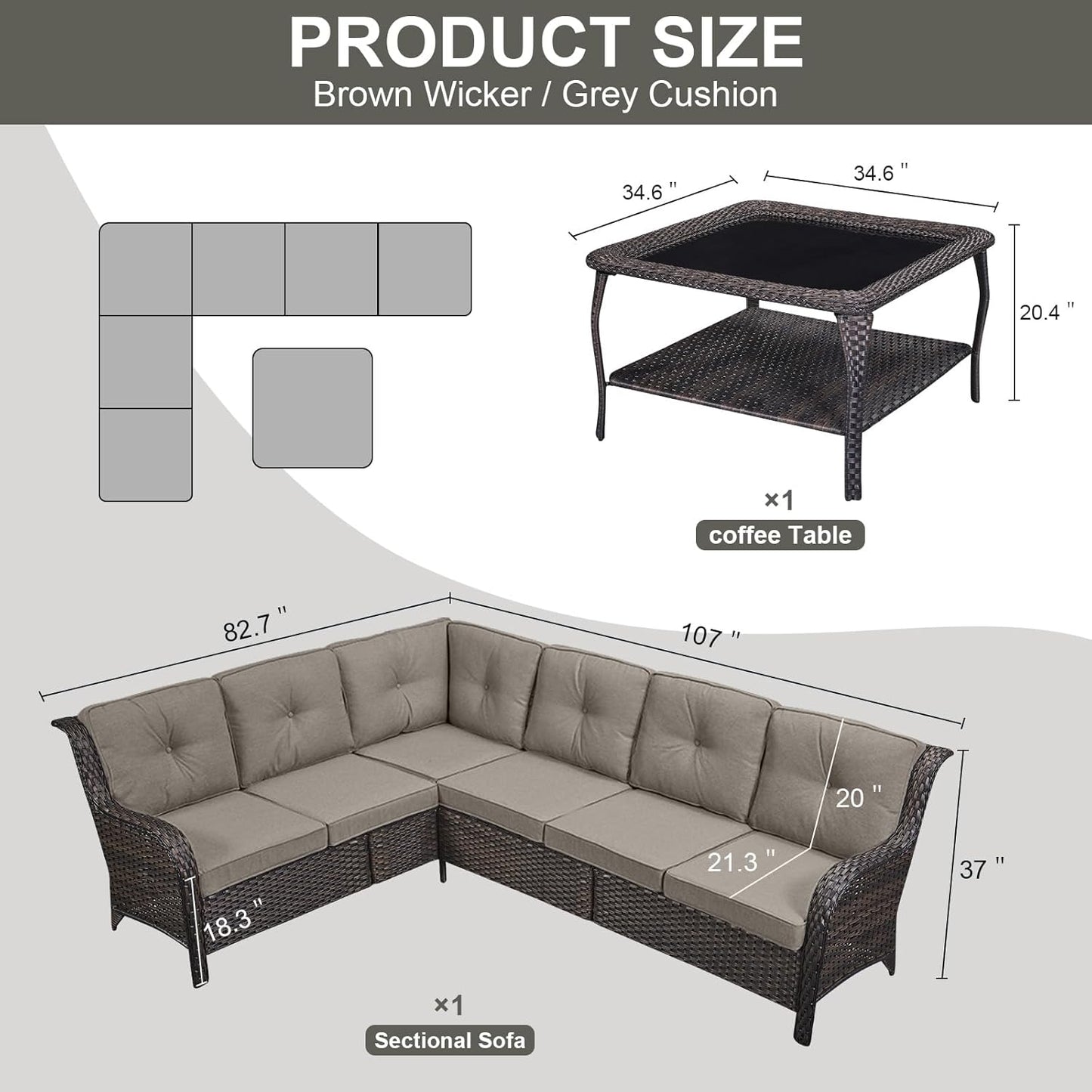 Outdoor Furniture Sectional Sofa L Shaped Couch - Patio Wicker Set with Coffee Table, 3 Piece Rattan Patio Conversation Sets with Gray Cushion for Deck Backyard Sunroom