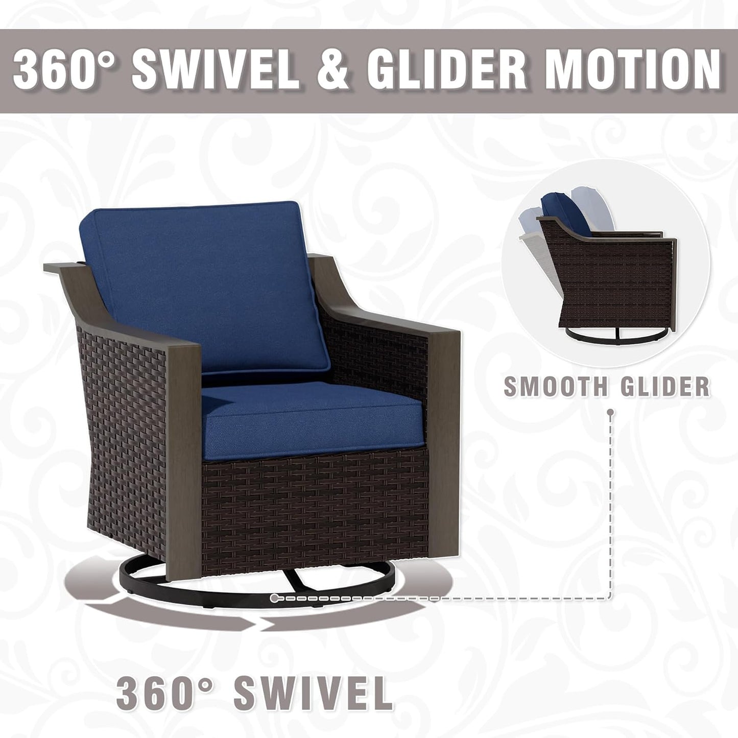 4 Piece Wicker Patio Conversation Set, All-Weather Use Outdoor 2 PE Rattan Swivel Chair, 2 Ottoman, Removable Water-Resistant Cushion, Ideal for Porch, Backyard, Balcony, Poolside, Blue