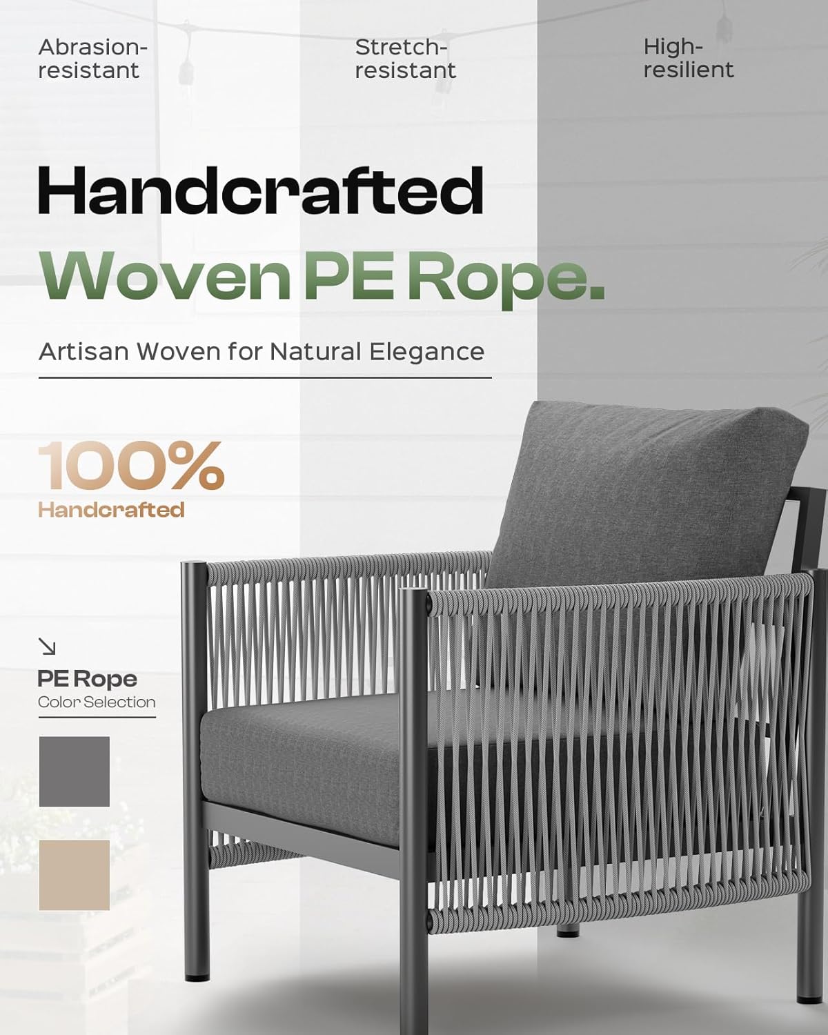 Aluminum Outdoor Patio Furniture Set, HDPE Rope 5 Piece Modern Sectional Conversation Sets with Dual-Layer Coffee Table, All Weather Patio Couch Sofa with Thick Cushions, Gray Frame, Charcoal