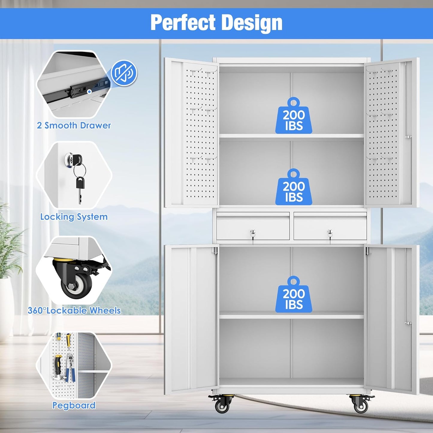 Metal Garage Storage Cabinet with Locking Doors and 2 Adjustable Shelves, Rolling Tool Storage Cabinet with 4 Wheels and 2 Drawer for Garage, Warehouse, White, Assembly Required