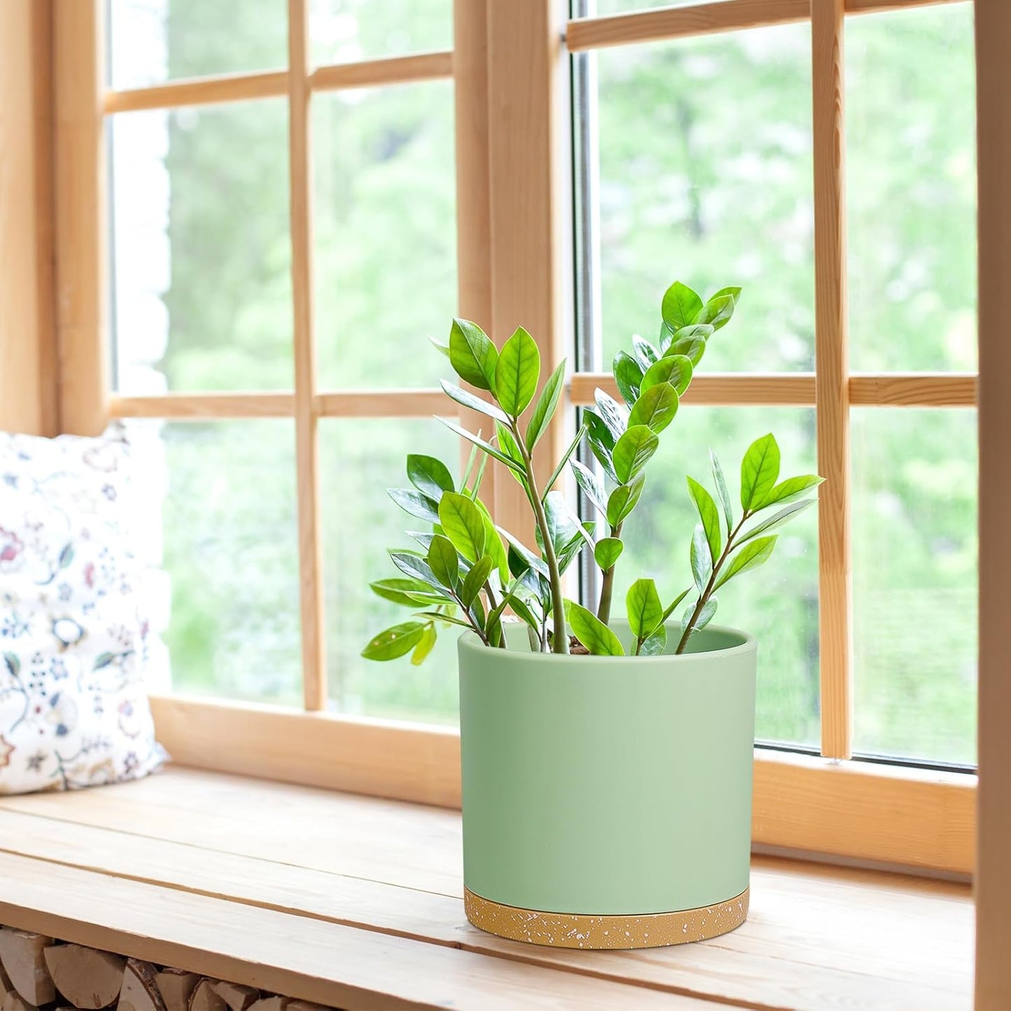 8 Inch Medium Flower Pots for Indoor Outdoor Plants, Cylinder Deep Plant Pots with Drainage Holes & Saucer, Decorative Plastic Planter Pots for Garden House Plants, Green with Brown