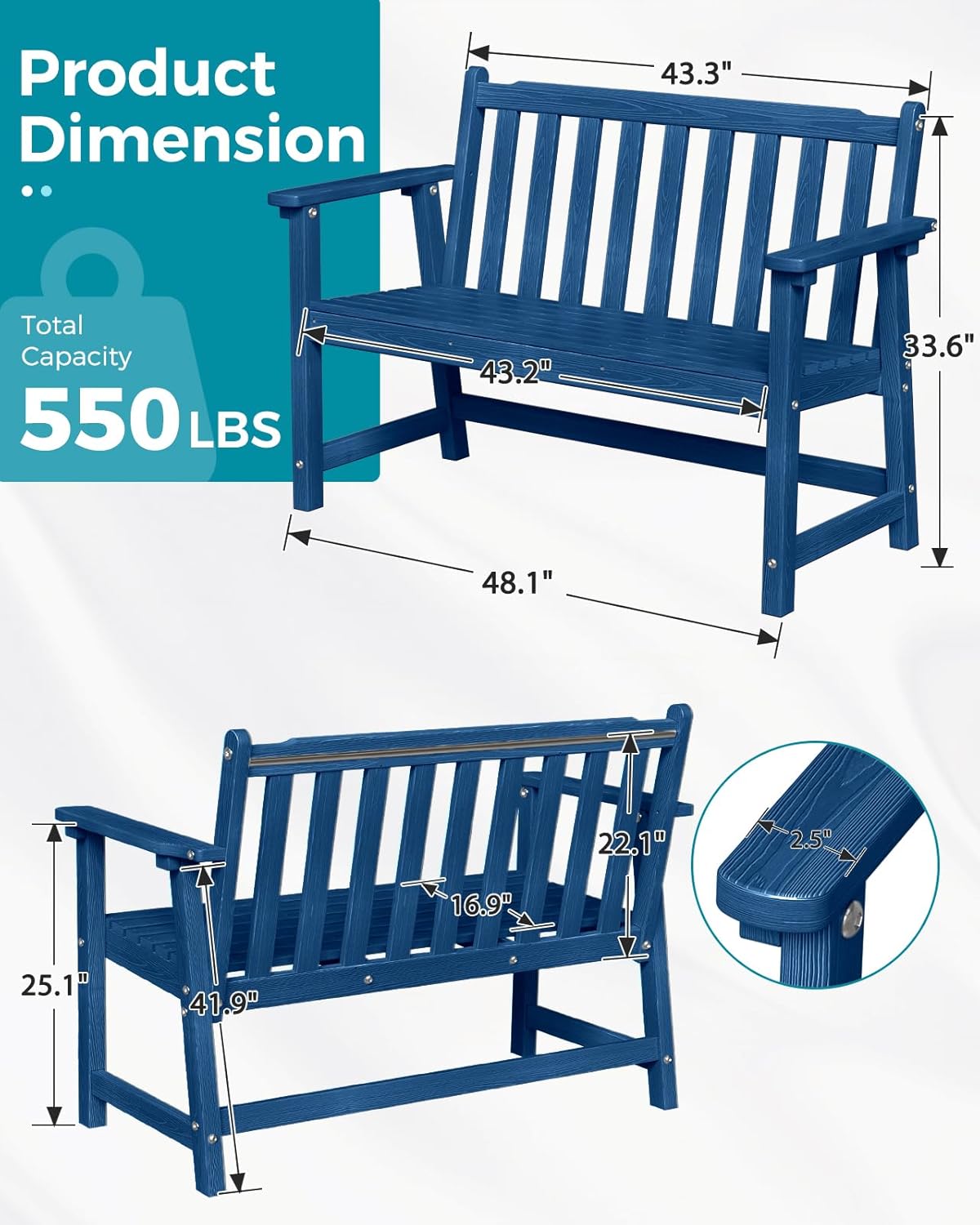 Outdoor Bench, 2-Person HDPE Garden Bench, All Weather Poly Patio Bench for Outdoors, Garden, Backyard, Porch and Park, 550 lbs Weight Capacity, Navy Blue, 2 Pack