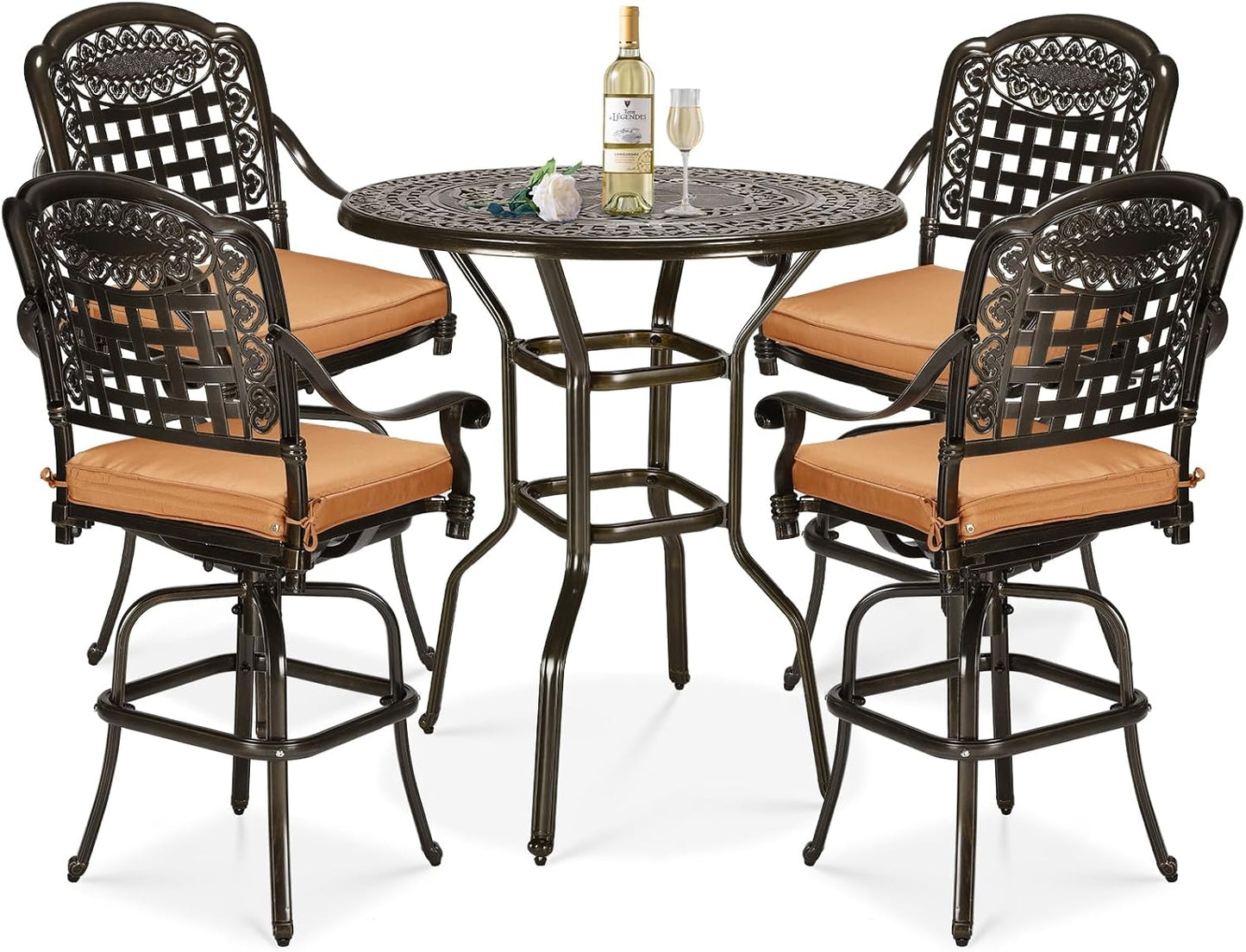 5 Pieces Patio Swivel Bar Set, Patio Bar Table and Chairs Set, All-Weather Cast Aluminum Outdoor Swivel Bar Stools of 4 and 38.5" Bar Table, High Top Bistro Set for Deck, Pool, Garden
