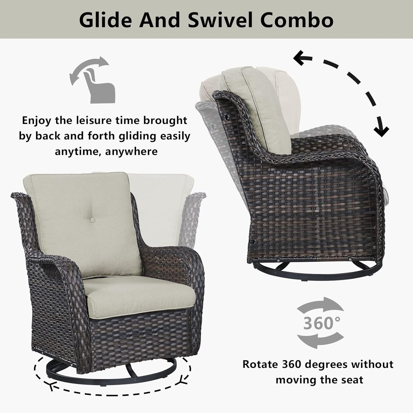 Wicker Outdoor Furniture Patio Furniture Set - 6 Piece Patio Conversation Set with Swivel Rocker Chairs, Loveseat Sofa, Ottomans and Coffee Table, Beige Cushion