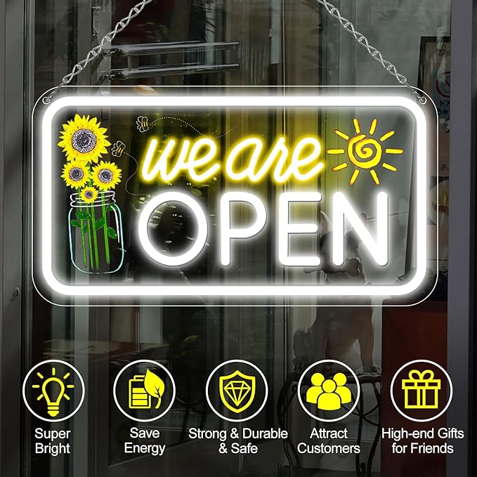 Neon We are Open Signs for Business, 16.5x9'' Open Sign with Printed Flower and Sun, with ON/OFF Switch & Adapter, Daylight White, Ideal for Window, Party, Wall, Bars, Coffee Shops, Salons, Clubs, Hotels