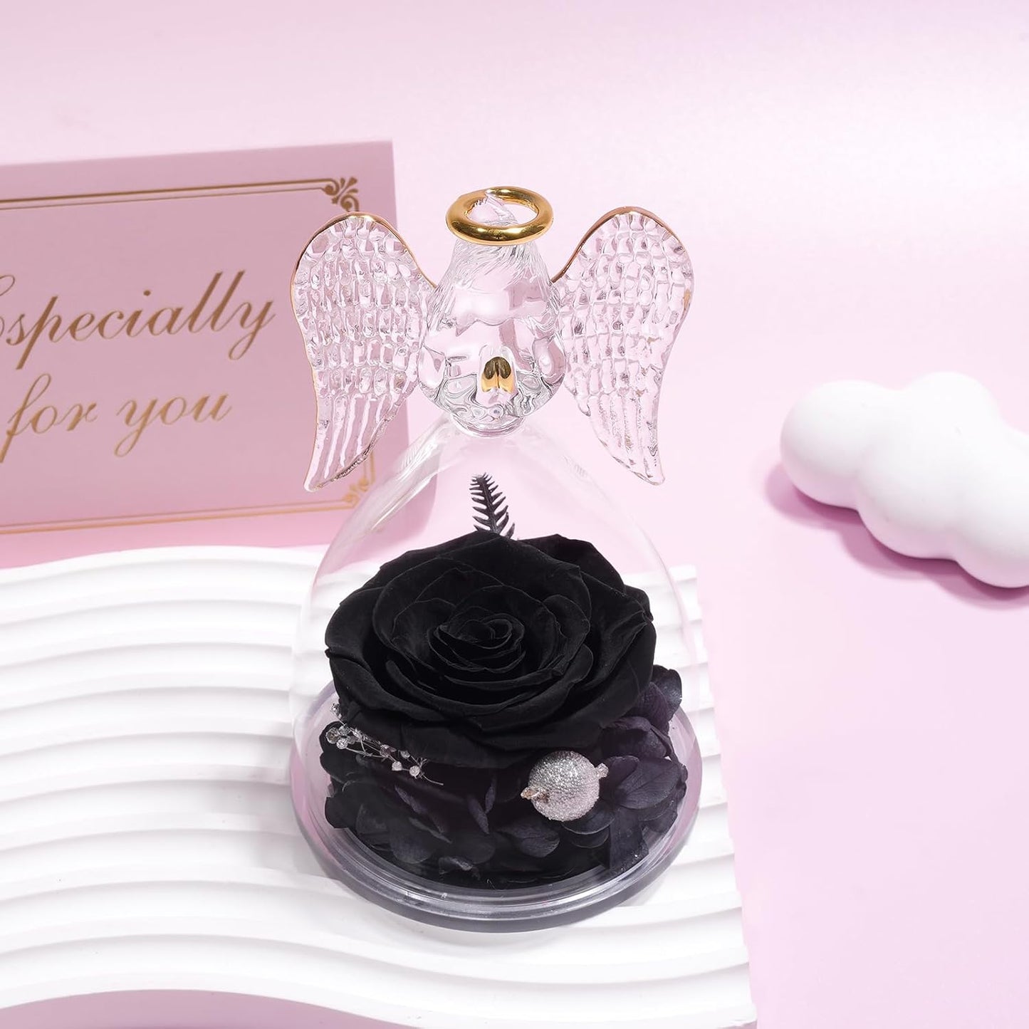 Yamonic Mom Birthday Gifts for Mom, Angel Figurines with Real Rose Gifts for Her Mom Grandma,Preserved Rose Angel Figurines for Women, Mothers Day Christmas Valentine's Day Gifts for Women (Black)