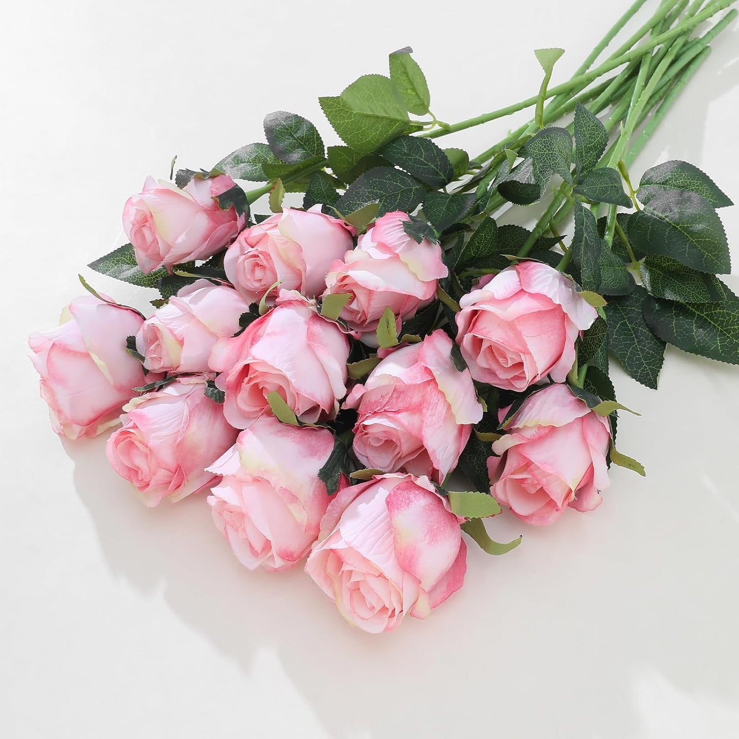 12Pcs Realistic Fake Light Pink Roses Faux Flowers with Long Stems, Artificial Silk Rose Flowers for Valentines Day Home Wedding Decor Bridal Bouquet
