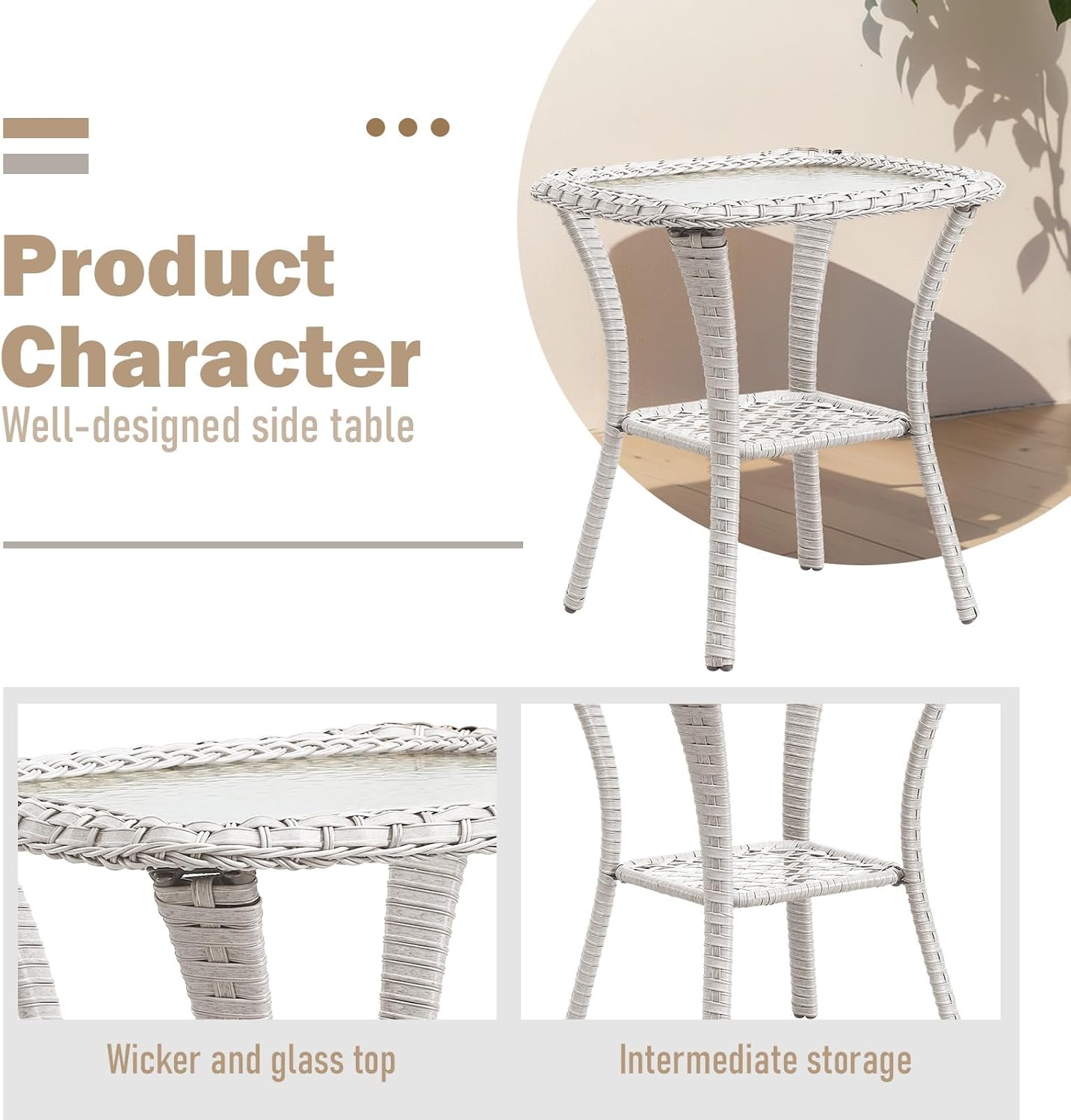 Outdoor Side Tables for Patio, Wicker/Rattan End Tables, Outdoor Wicker Side Table, Light Beige Rattan Glass Top Patio Side Table