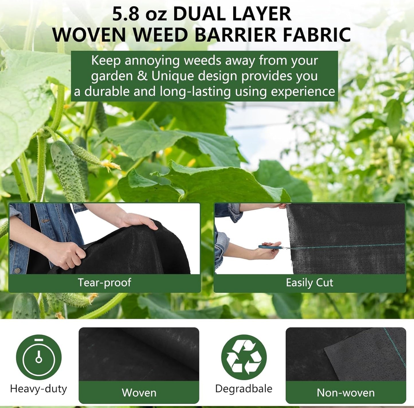Woven Landscape Fabric 5.8oz, 3 x 300FT Weed Fabric Barrier, Double Layer, Garden Fabric Weed Barrier, Weed Control Fabric Ground Cover, Gardening Mat for Garden Beds, Landscaping