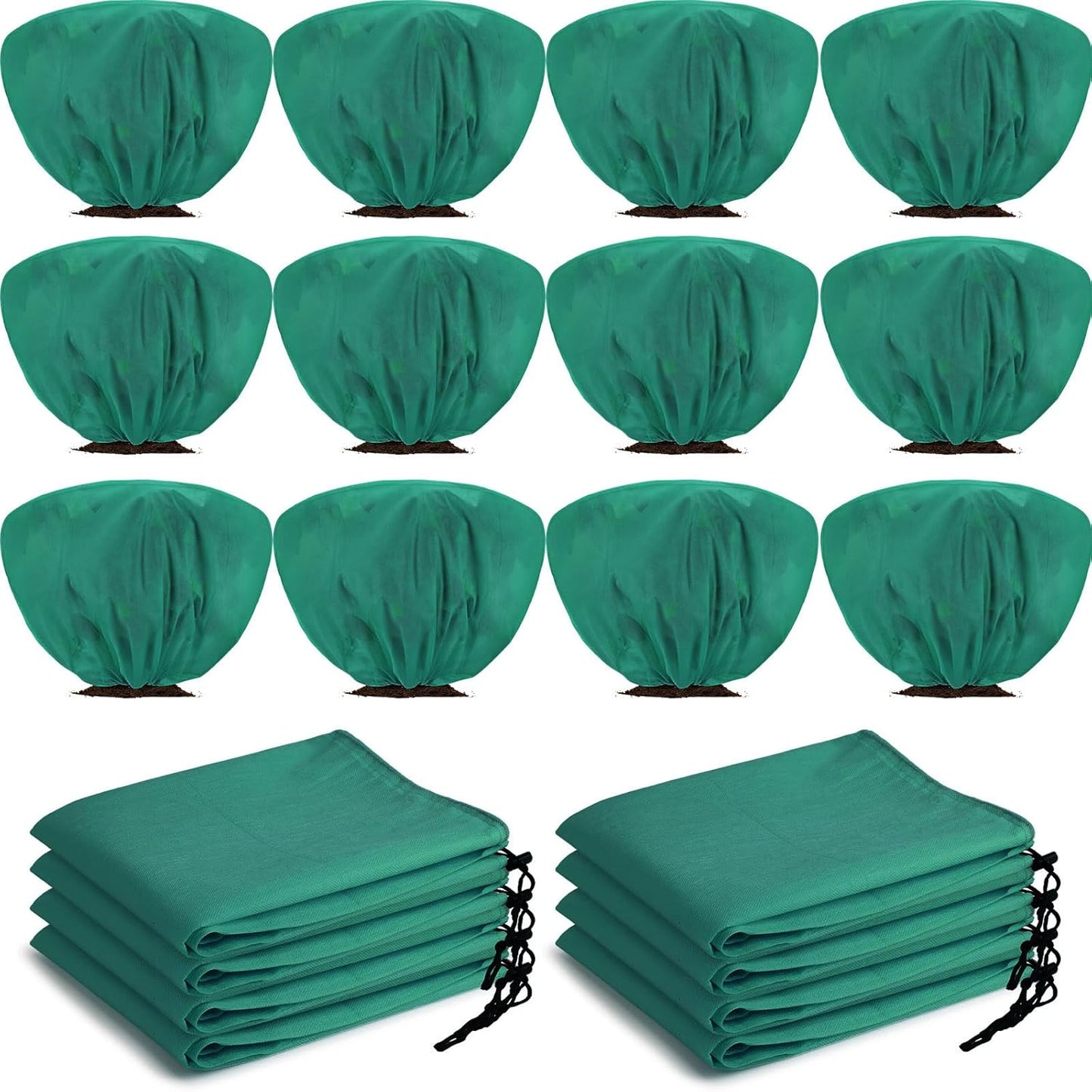 12 Pcs Winter Plant Covers Freeze Protection 39.4x23.6 Inch Horizontal Shrub Tree Rose Plant Protection Bags Frost Blanket with Drawstring for Fall Winter Outdoor Garden Planting (Dark Green)