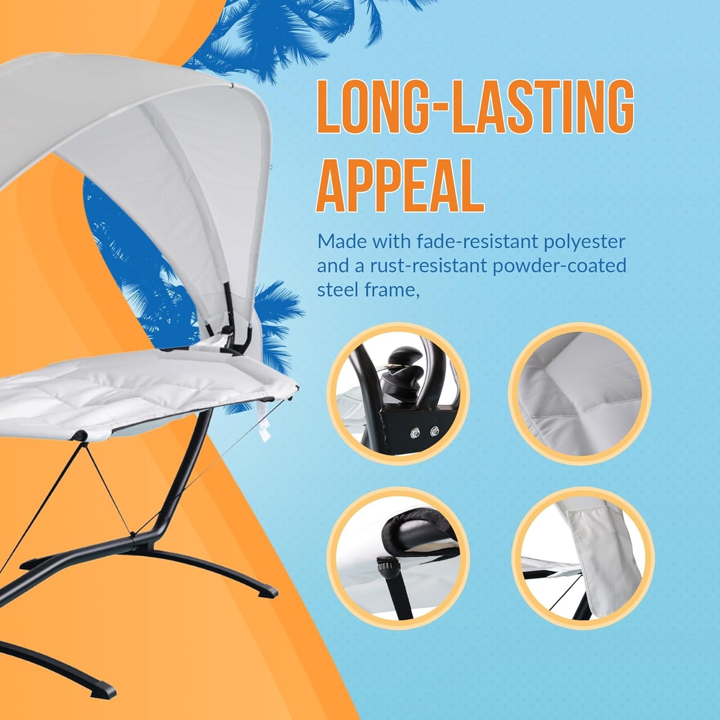 Island Retreat Sea Breeze Steel Frame Hammock Lounge Chair with Canopy - Luxury Shaded Hammock with Stand for Outside - Boho Style Beach Chair with Adjustable & Removeable Canopy - Black & Champagne