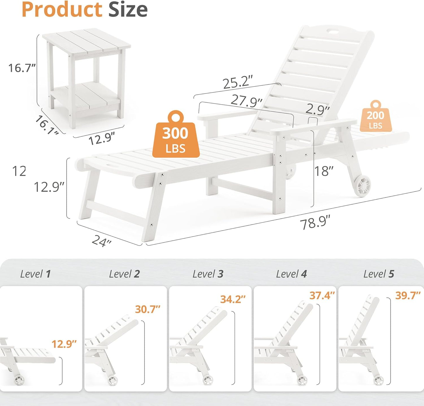 LUE BONA Chaise Lounge Chairs Set with Table, 6-Piece, 79'' Oversized HDPS Chaise Lounger, 5 Positions Adjustable Lounge Chairs, Pool Lounge Chair with Wheels for Poolside, 3 Year Warranty, White