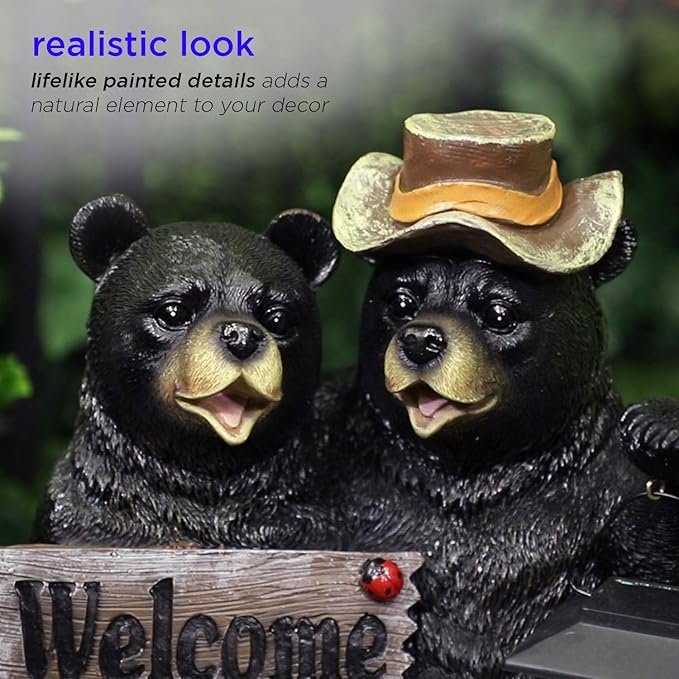 Alpine Corporation 15" Tall Outdoor Bear Couple with Lantern and Welcome Sign Statue with Solar LED Light Yard Art Decoration
