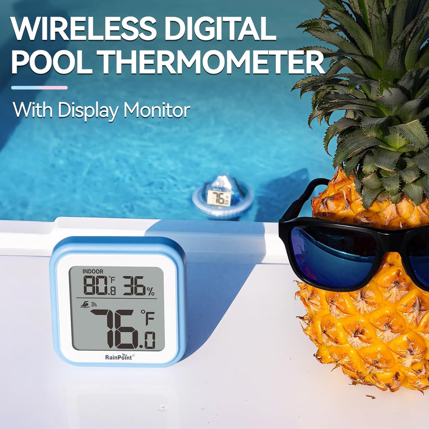 RAINPOINT Anti-Fog 360° Reading 3 Large Letters Displays Wireless Digital Pool Thermometer Floating,Dual-Layer IP68 Waterproofing Remote Temperature Monitor Easy Read Hot Tub SPA Inflatable Pool-Blue