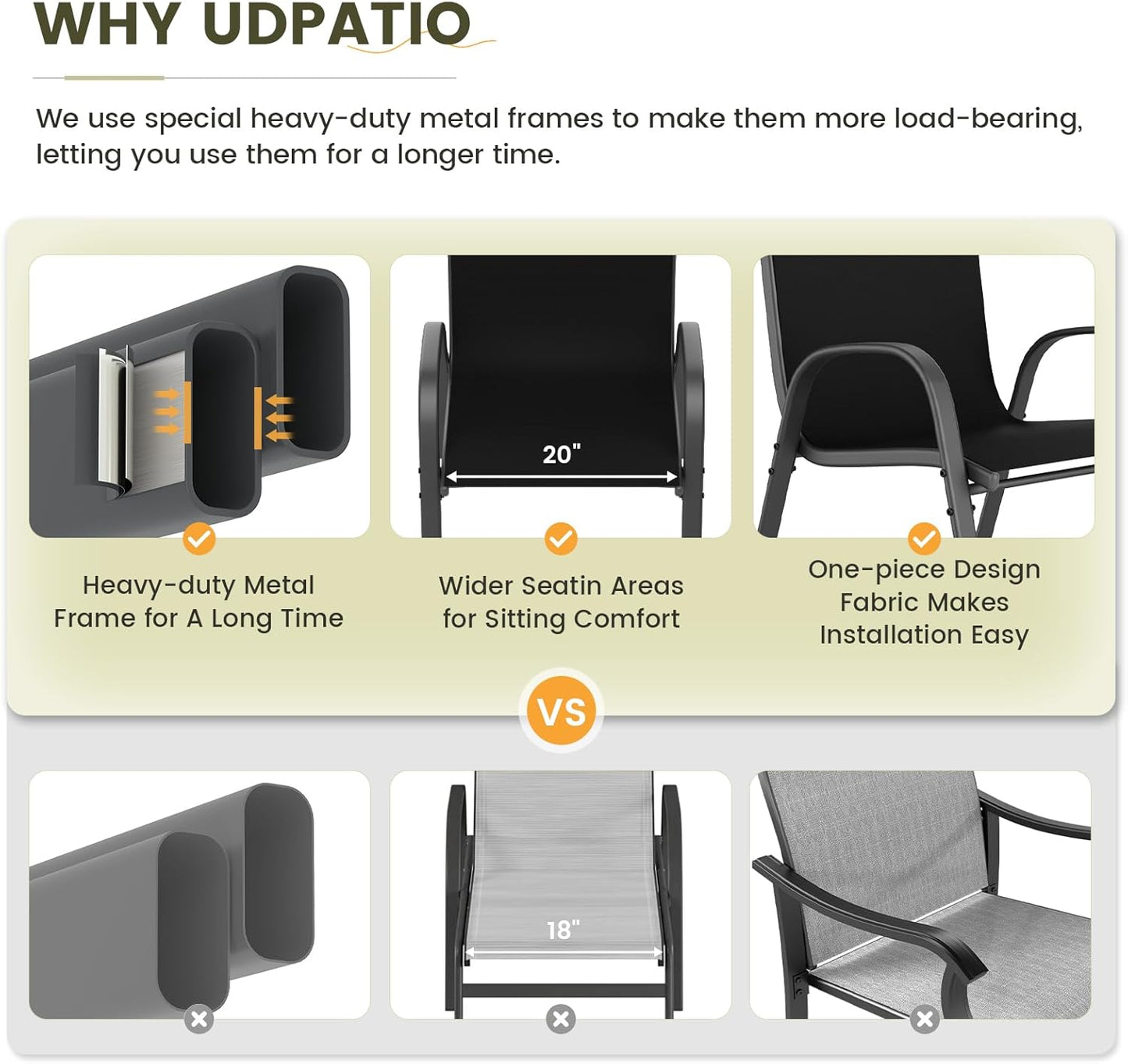 UDPATIO Patio Dining Set of 7, Outdoor Table and Chairs Set with Square Metal Table, 6 Stackable Patio Chairs with High Back, Outdoor Furniture for Deck Garden Backyard Lawn Poolside (Black)