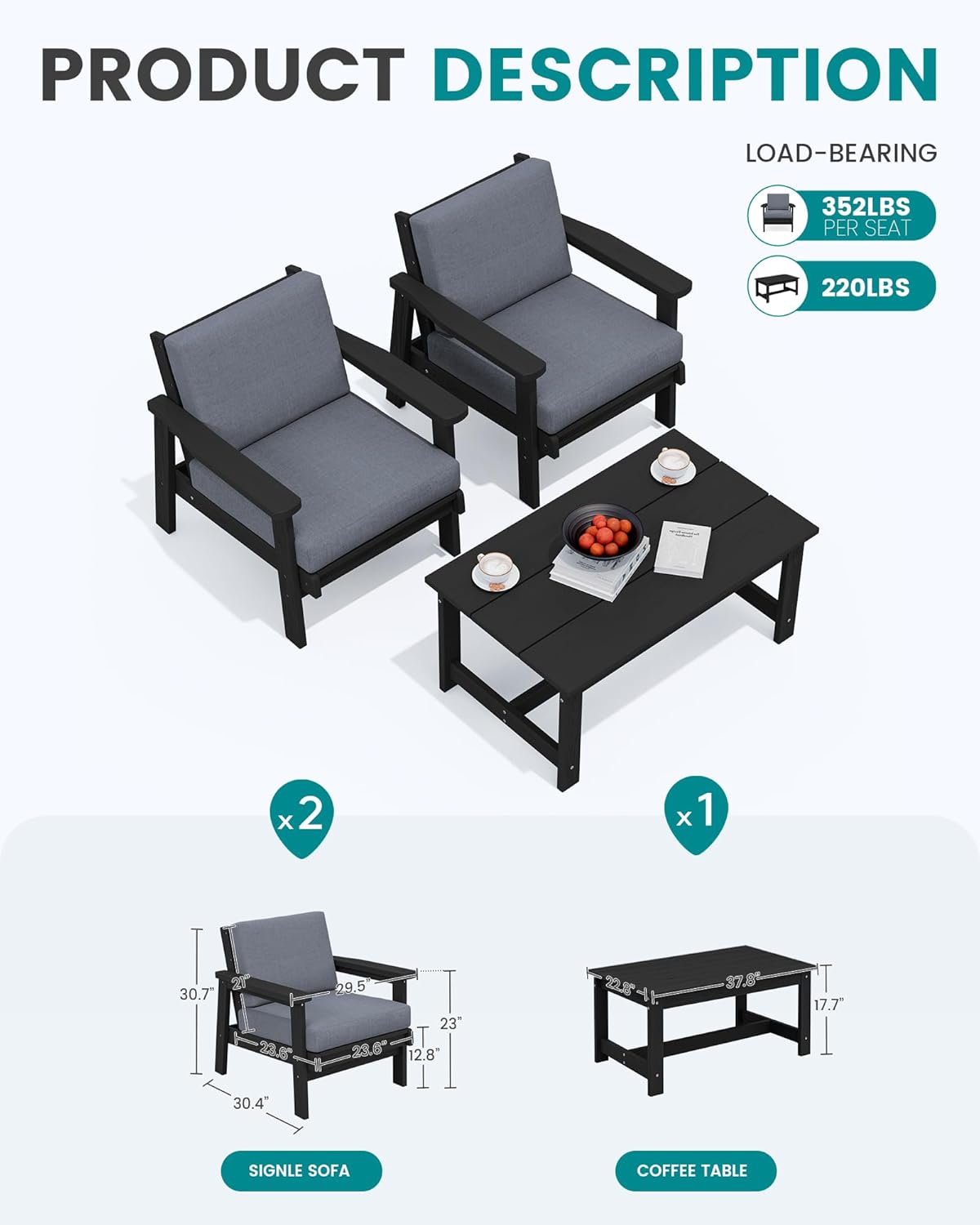 SERWALL HDPE Outdoor Couch, Black Frame and Grey Cushion