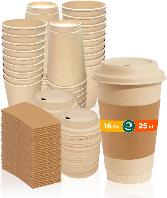 ECO SOUL 100% Compostable Coffee Cups With Lids & Sleeves - 16Oz (25 Counts) To Go Coffee Disposable Bagasse Cups |Sturdy & Eco-Friendly Cups for Cafes, Party, Office
