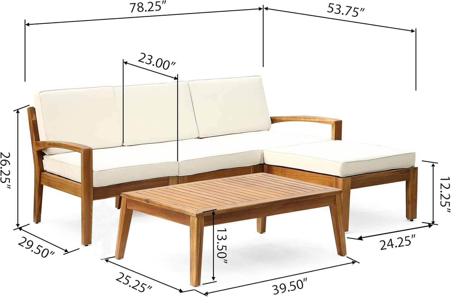 L-Shape Outdoor Furniture Set, 3-Piece Acacia Sectional Patio Sofa Set with 3-Seater Sofa, Coffee Table and Ottoman, Conversation Set for Garden, Poolside, Backyard