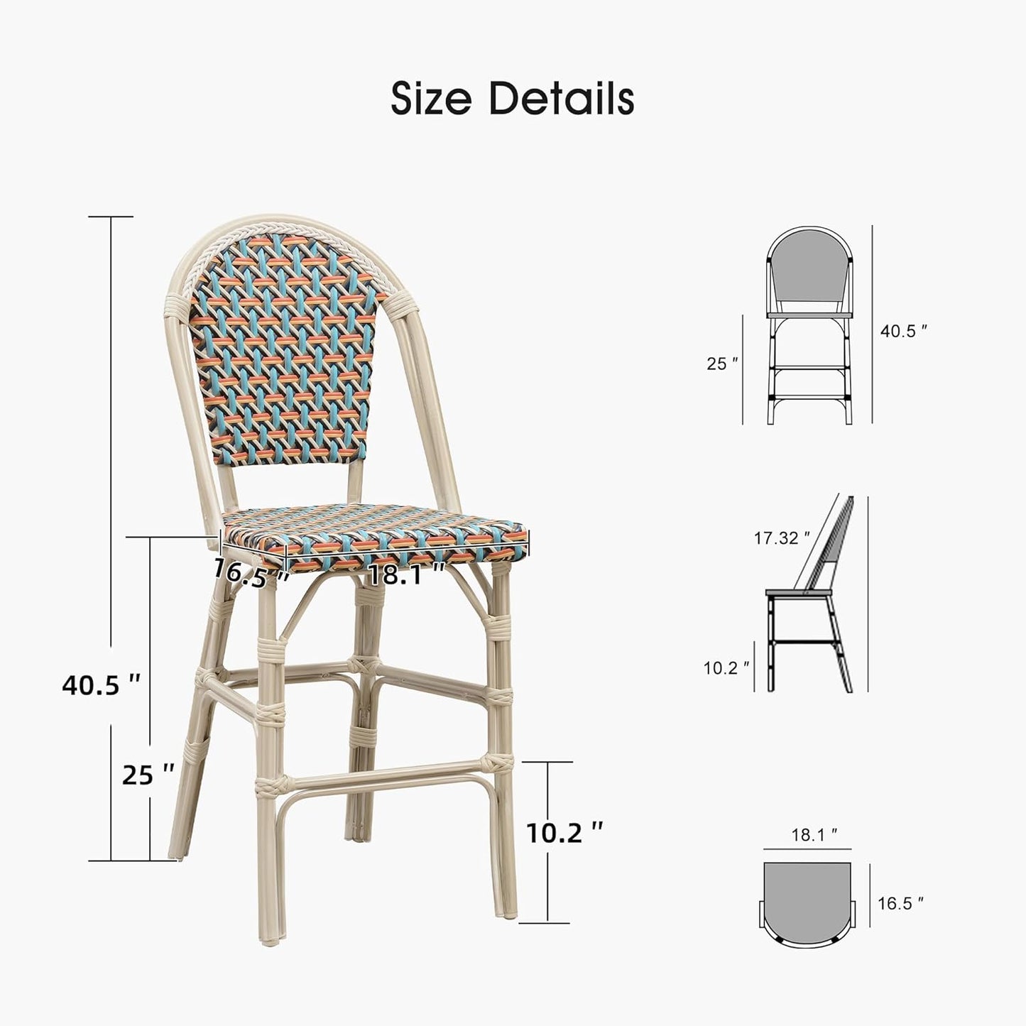 PURPLE LEAF French Counter Height Bar Stool Set of 4 25" White Print Finish Patio Chairs with Back Rattan Bar Chairs French Bistro Set for Kitchen Outdoor Counter Stool Colorful