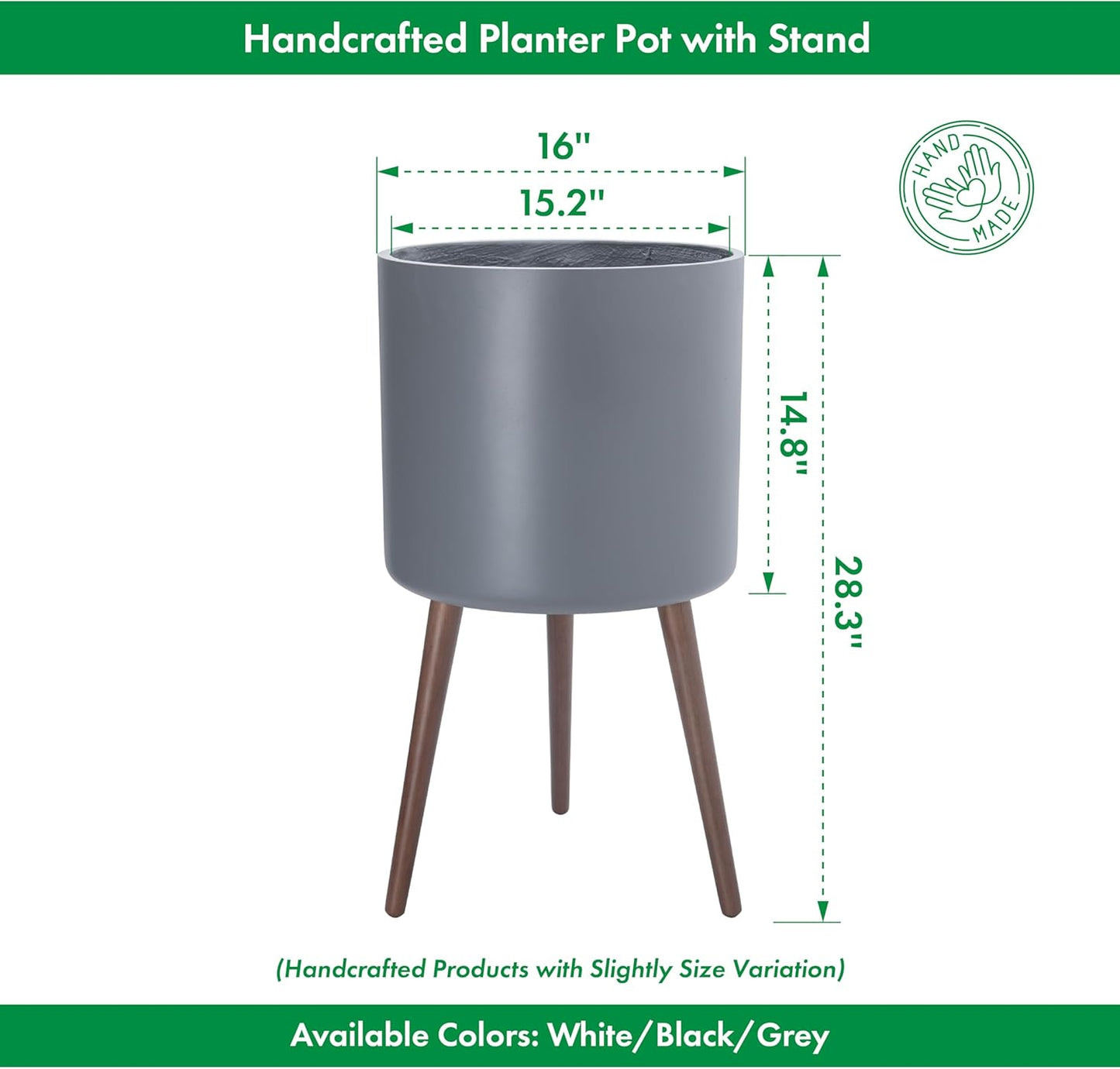 D'vine Dev 16 Inch Planter Pot with Stand, Mid-Century Tall Plant Pot with Legs for Indoor Plants, XX-Large, Grey, 88-O-E-3