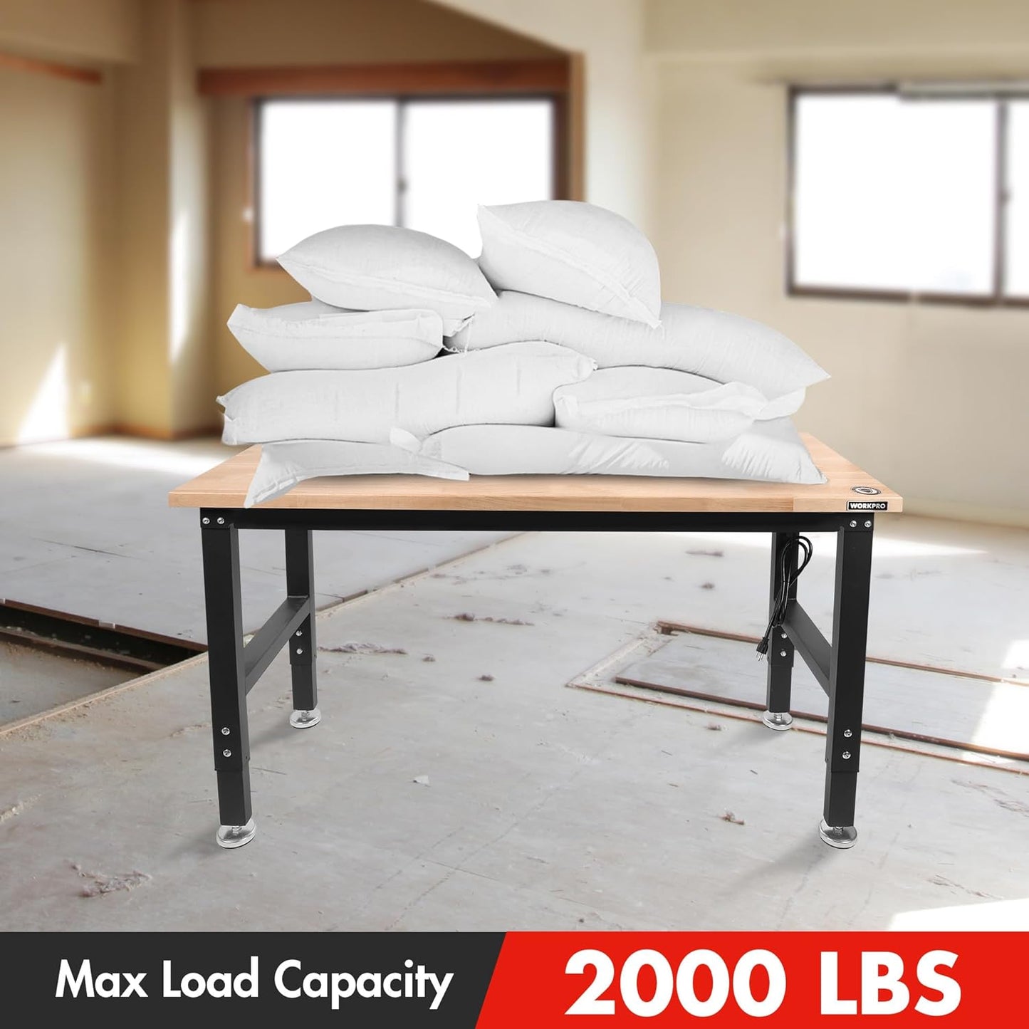 WORKPRO 48" Adjustable Workbench, Rubber Wood Top Heavy-Duty Workstation, 2000 LBS Load Capacity Hardwood Worktable with Power Outlets, for Workshop, Garage, Pack of 2