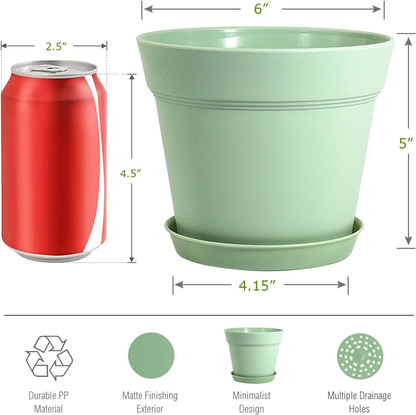 WOUSIWER 16 Pack 6 inch Plastic Planters, Plastic Indoor Planter Flower Pots, Heavy Duty and Stylish 6 Inch Plant Pots for Indoor Plants with Drainage Holes and Tray for Plants Flowers, Green