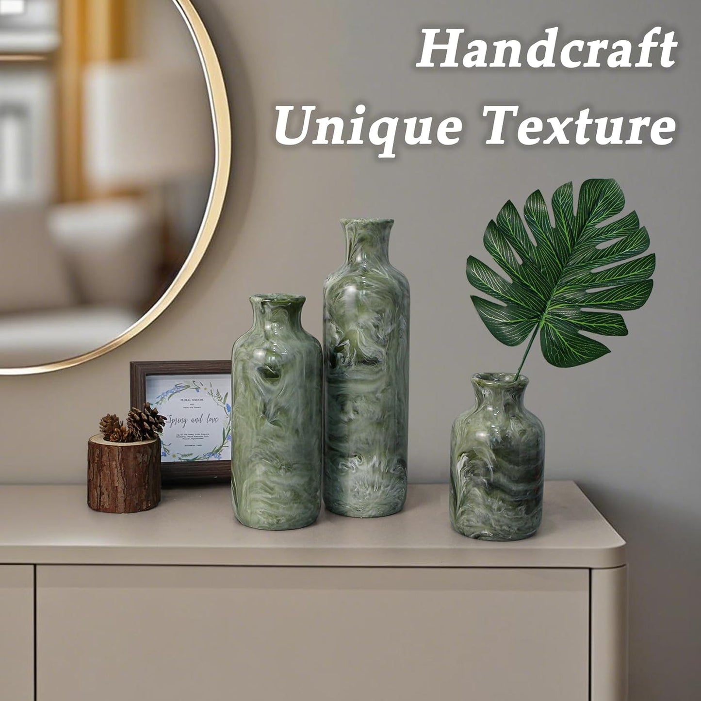 Resin 3 Piece Vase Set, Farmhouse Decor, Home Decorative Vase, Vases for Your Kitchen, Bedroom, Office, Living Room, Bathroom, & Shelf Centerpiece Table Decorations, Green