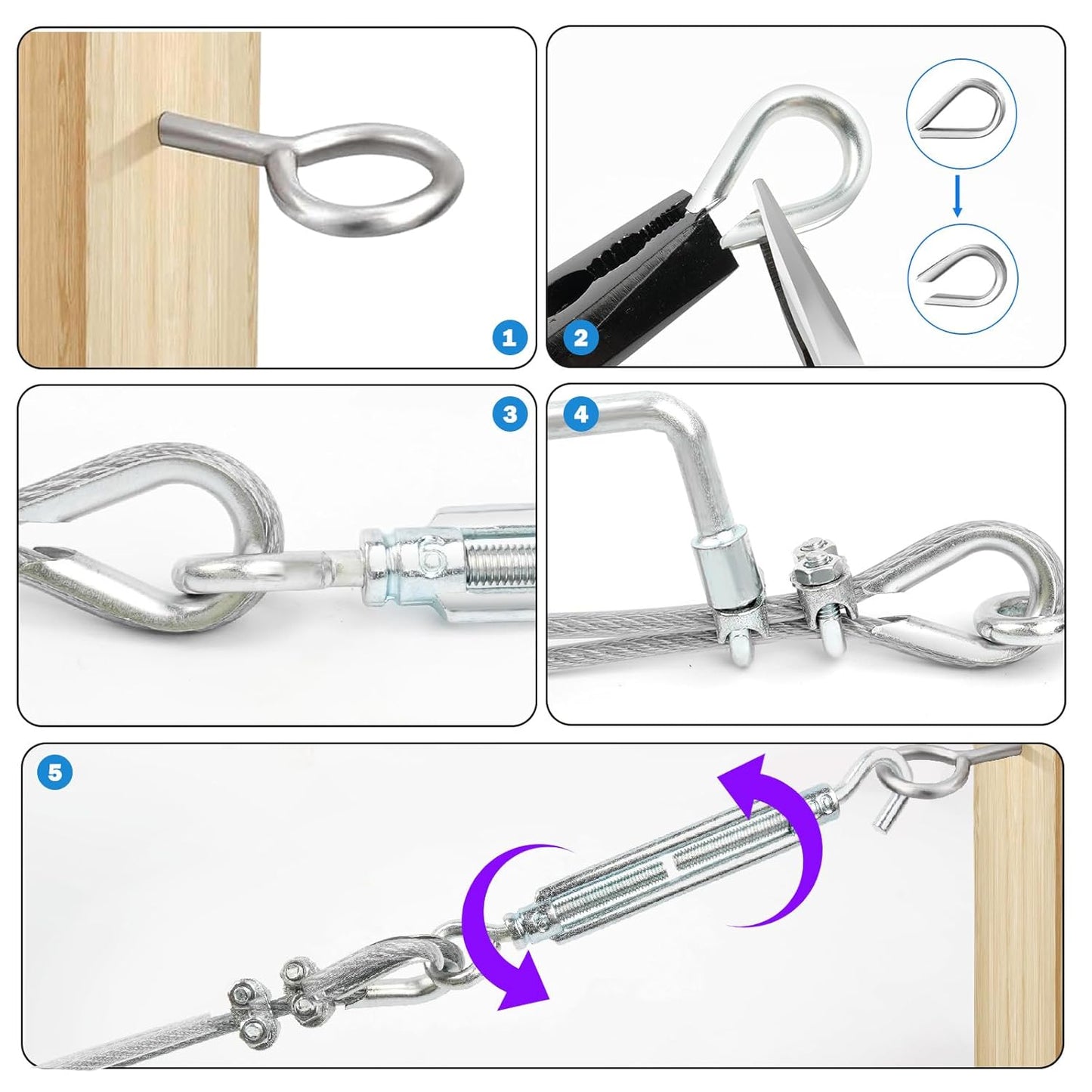 M6 Turnbuckles for Cables Wire Kit, 1/8" PVC Coated Steel Cable Kit w/ 7×7 Strand Core & 100Ft Wire Rope Tensioner Strainer for String Light Hanging/Deck Stair Railings/Shade Sail/Clothes Line