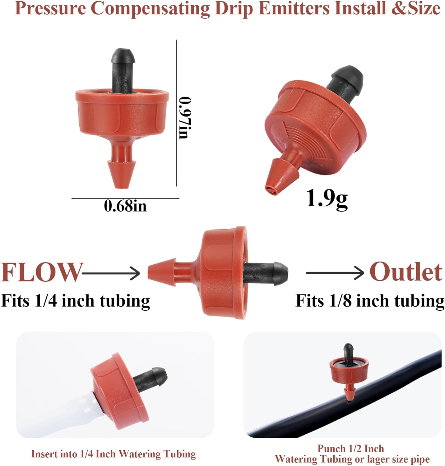 200Pcs 1 GPH Pressure Compensating Irrigation Spot Drippers,Constant Flow Barb Outlet Watering Dripper Emitters Heads Parts for 1/4 Inch Watering Tubing Line for Garden Pots Plant Irrigation Systems