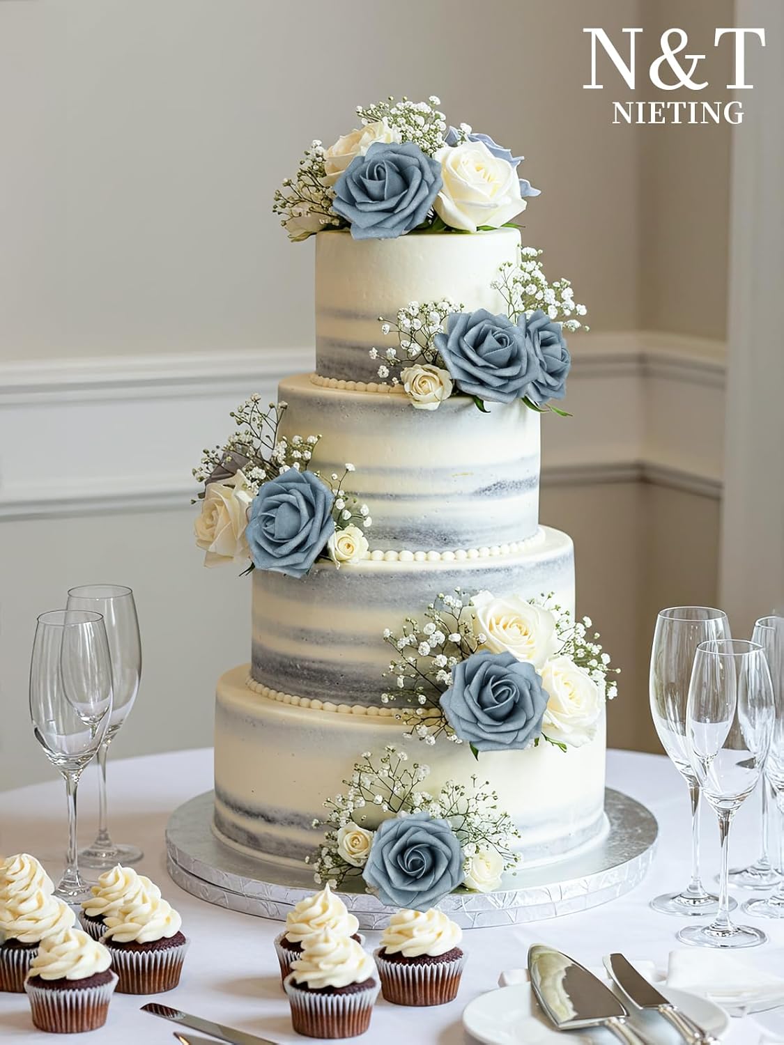 N&T NIETING Artificial Flowers, 50pcs Foam Roses Fake Flowers DIY Wedding Party Cake Decoration, Home Display, Dusty Blue Gray