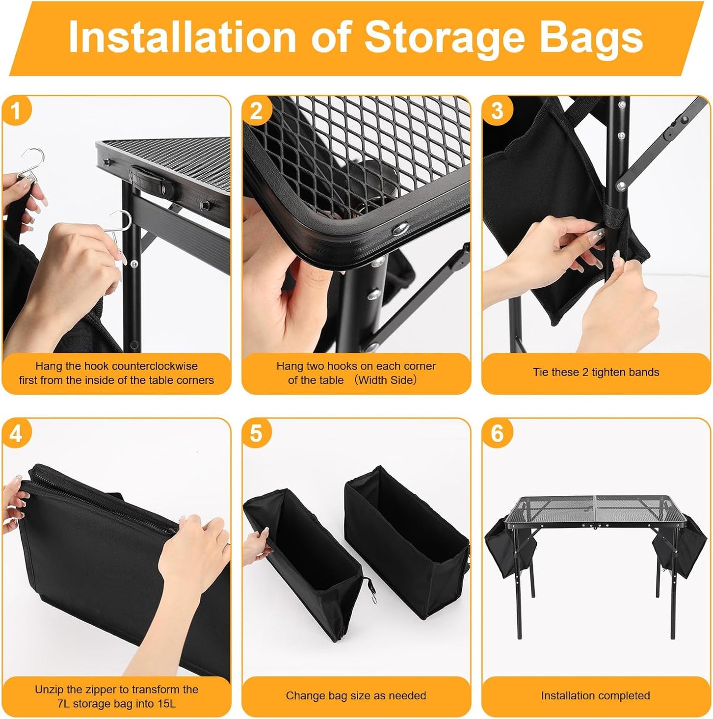 Camping Table 3FT Grill Table with 2×7/15L Storage Bag Foldable Folding Table Picnic Portable Stand Mesh 2 Height Adjustable Outdoor Card BBQ 35.4×23.6×26 inch