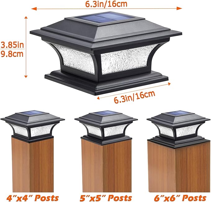 SIEDiNLAR Solar Post Lights Outdoor Glass LED Fence Cap Light 2 Modes for 4x4 5x5 6x6 Posts Deck Patio Garden Decoration Warm White/Cool White Lighting Black (1 Pack)